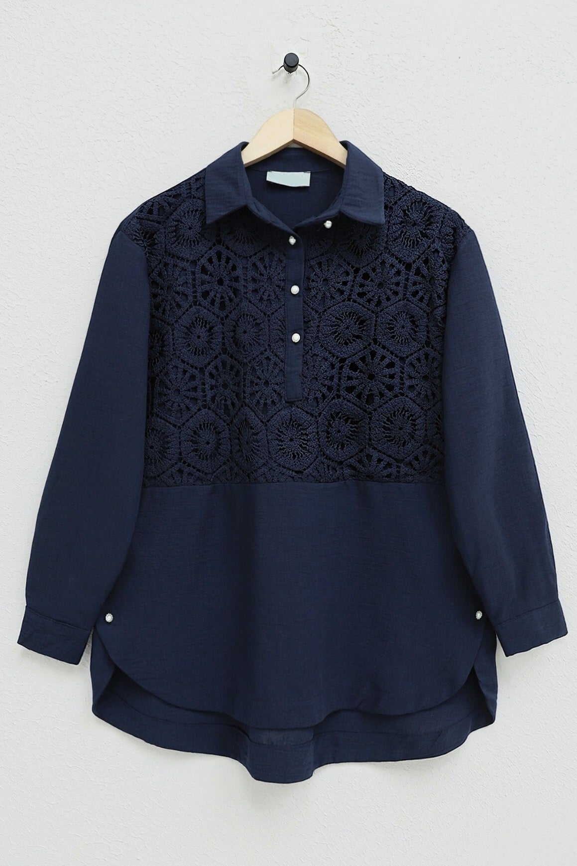 Navy Blue Lace Trim Button-Front Tunic Shirt for Women - Podyumplus - by Peralane - photo 6