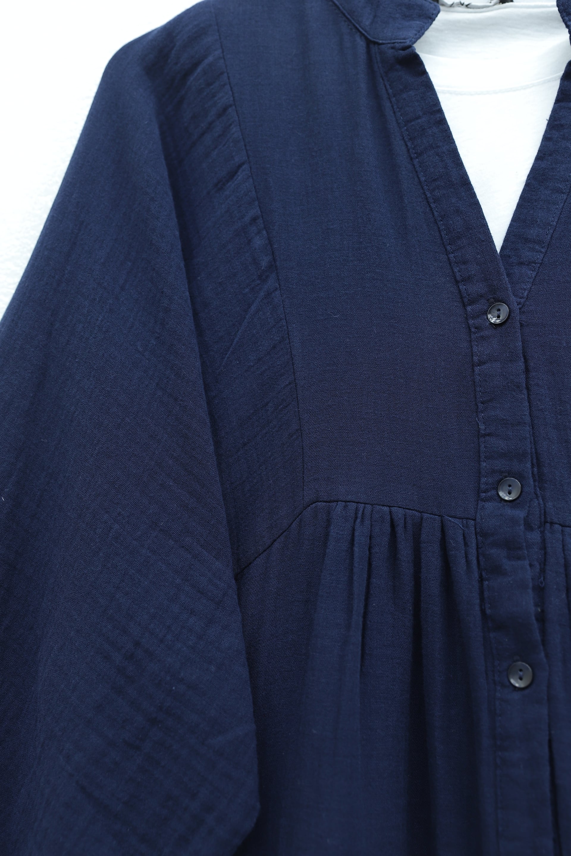 Navy Blue V-Neck Half Button Tiered Muslin Dress with Elastic Cuffs - Podyumplus - by Peralane - photo 6