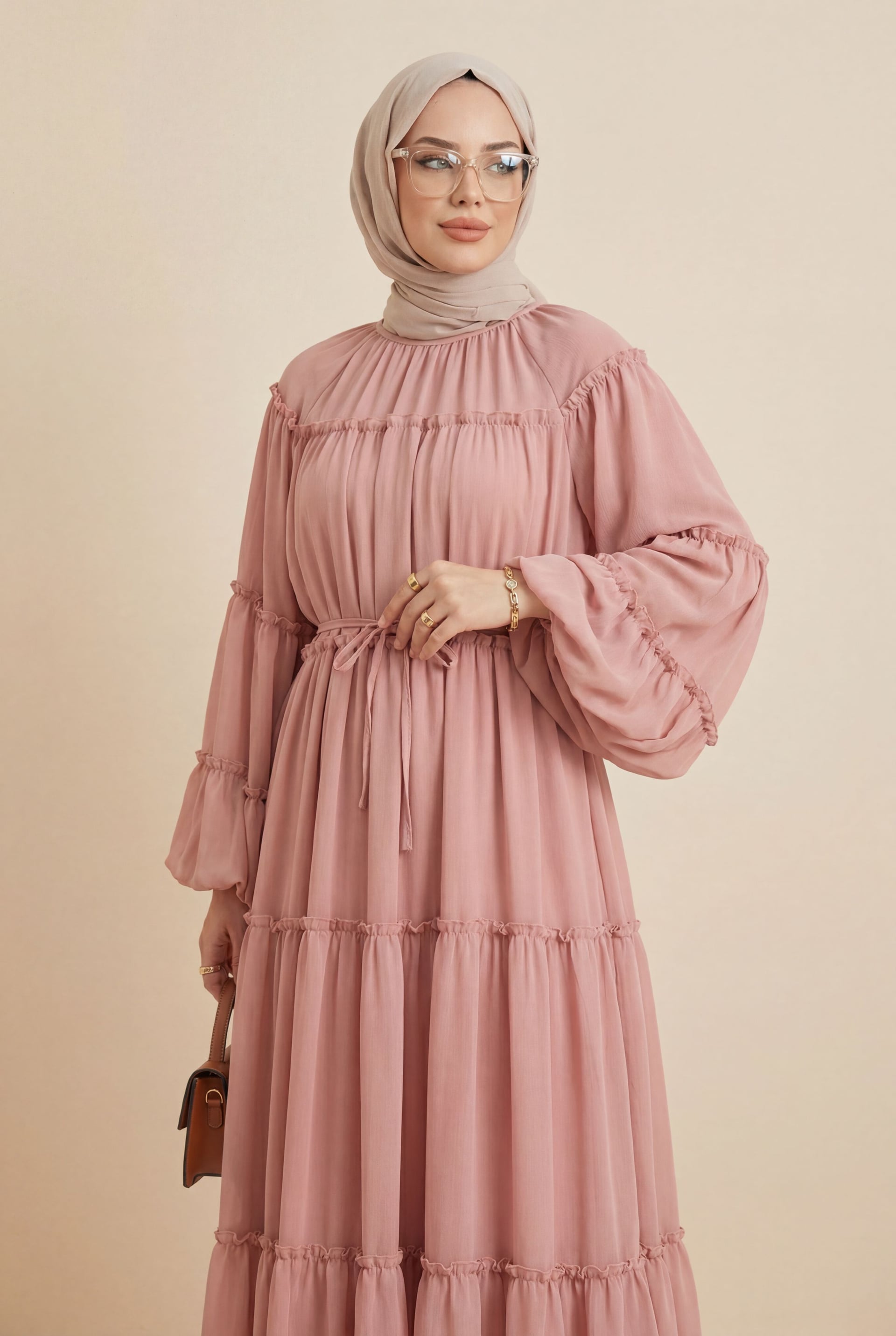 Round Neck Balloon Sleeve Tiered Lined Chiffon Dress - Dusty Rose - Podyumplus - by Peralane - photo 2