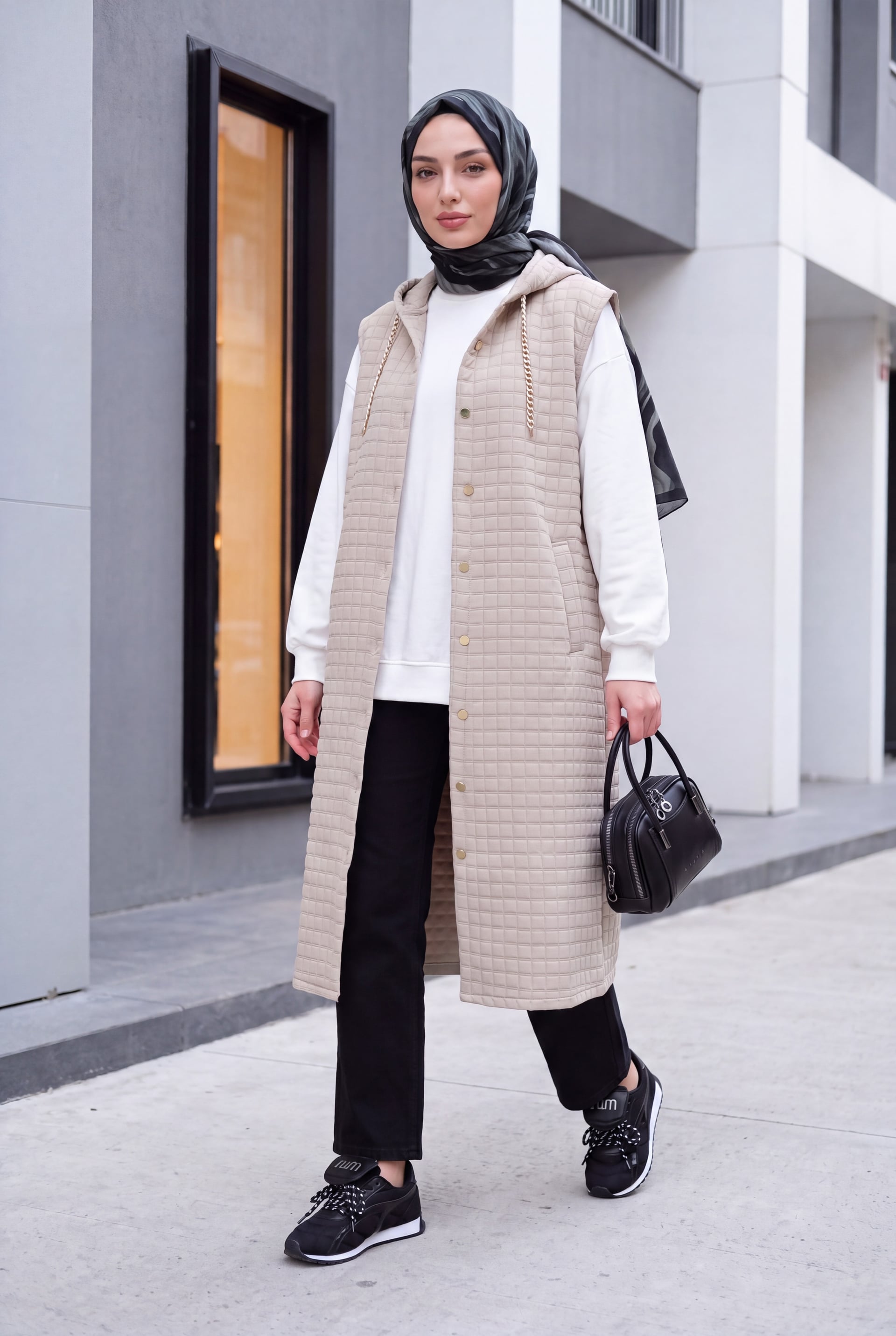Quilted Long Vest with Hood and Pockets - Stone - Podyumplus - by Peralane