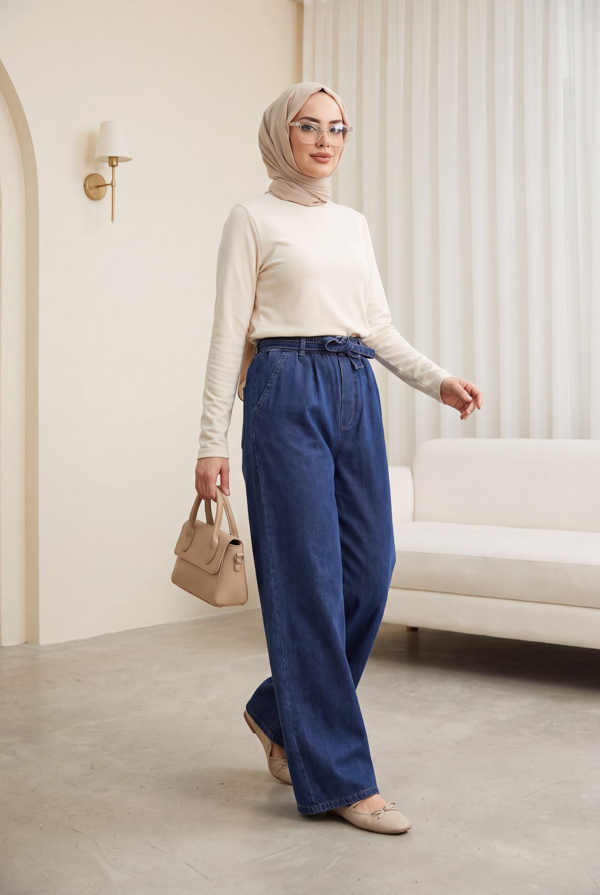 Wide-Leg Elasticated Waist Jeans with Belt - Indigo - Podyumplus - by Peralane - photo 2