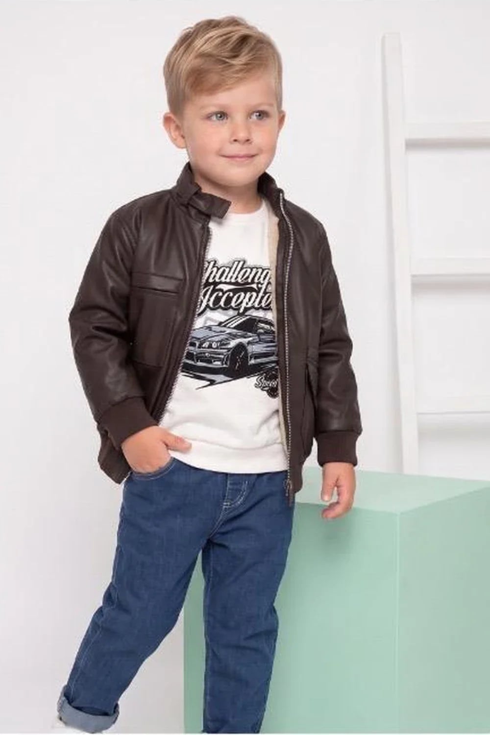 Boys' 3-Piece Set with Faux Leather Jacket - Dark Brown - Has Bereket - by Peralane