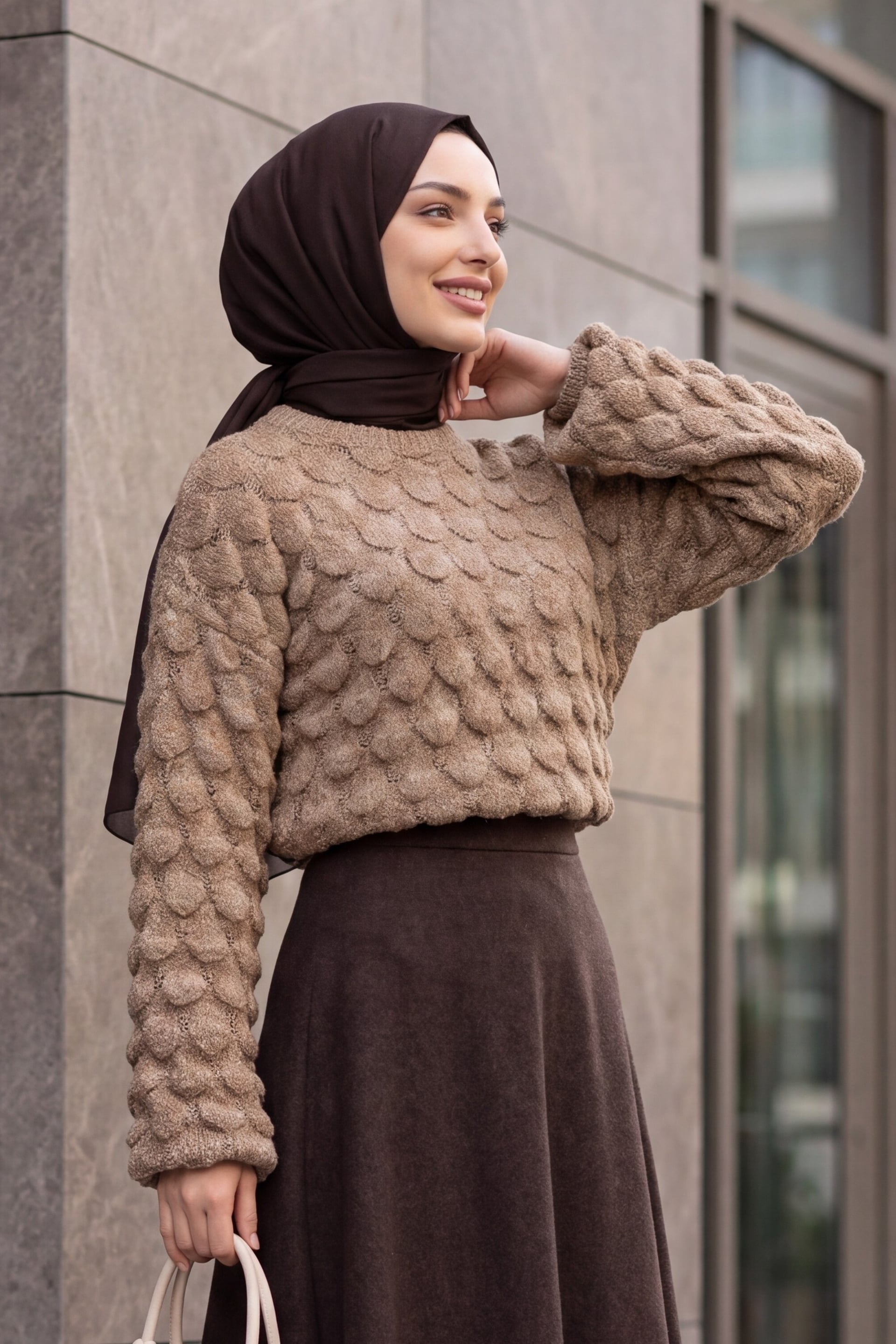 Crew Neck Fish Scale Pattern Relaxed Fit Knit Sweater - Mink - Podyumplus - by Peralane - photo 2