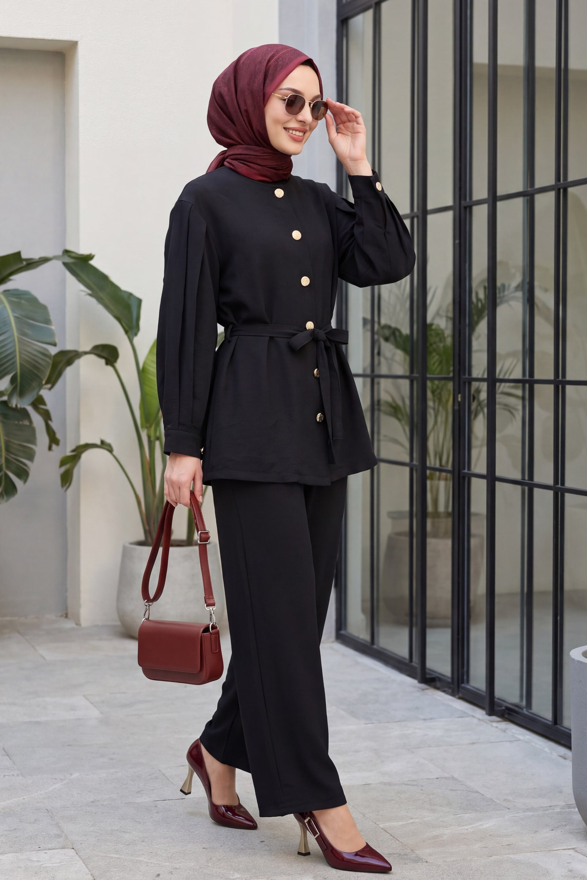 Black Long-Sleeved Tunic and Trousers Two-Piece Set with Belt - Podyumplus - by Peralane - photo 3