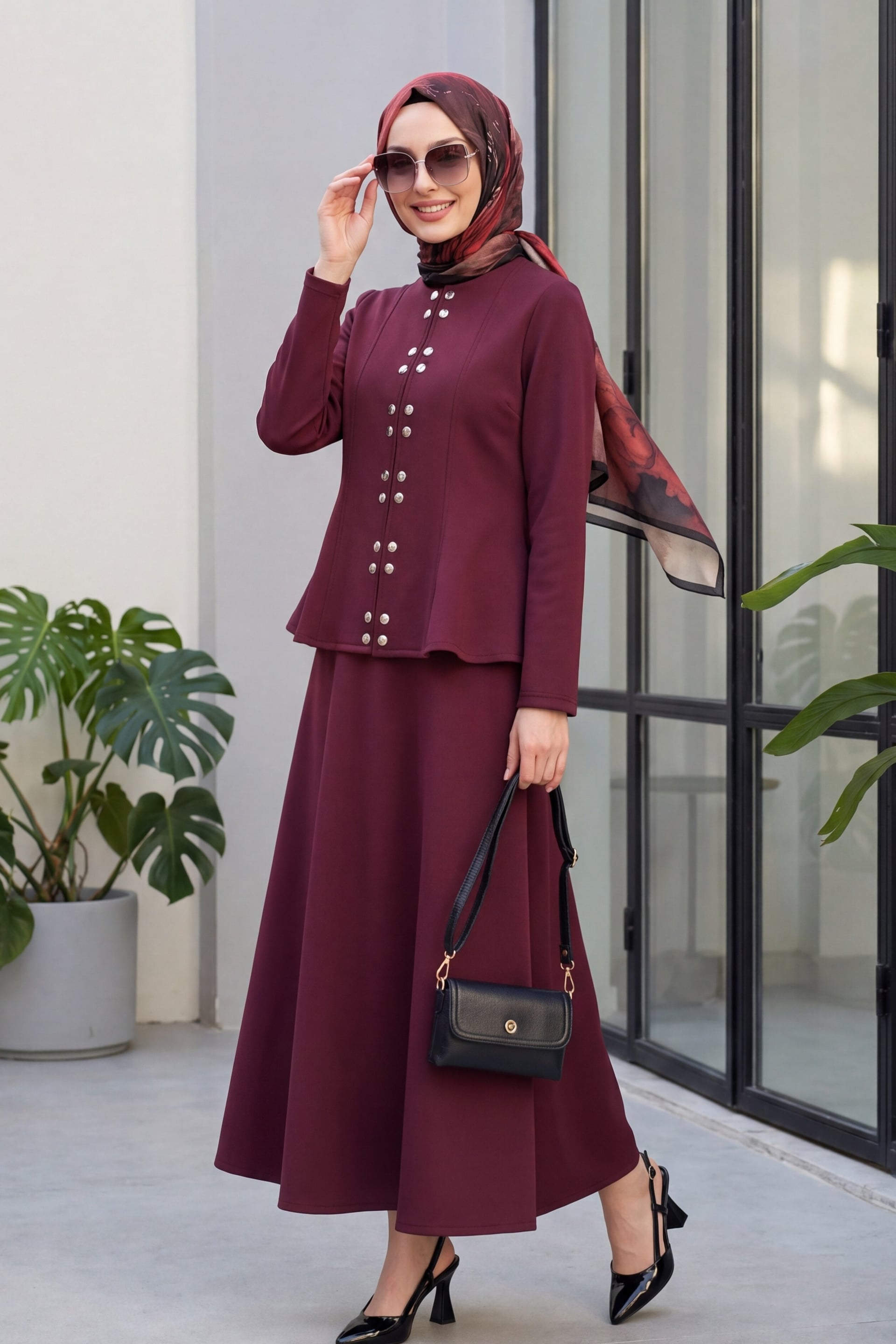 Double Snap Front Peplum Skirt Scuba Set - Burgundy - Podyumplus - by Peralane - photo 4