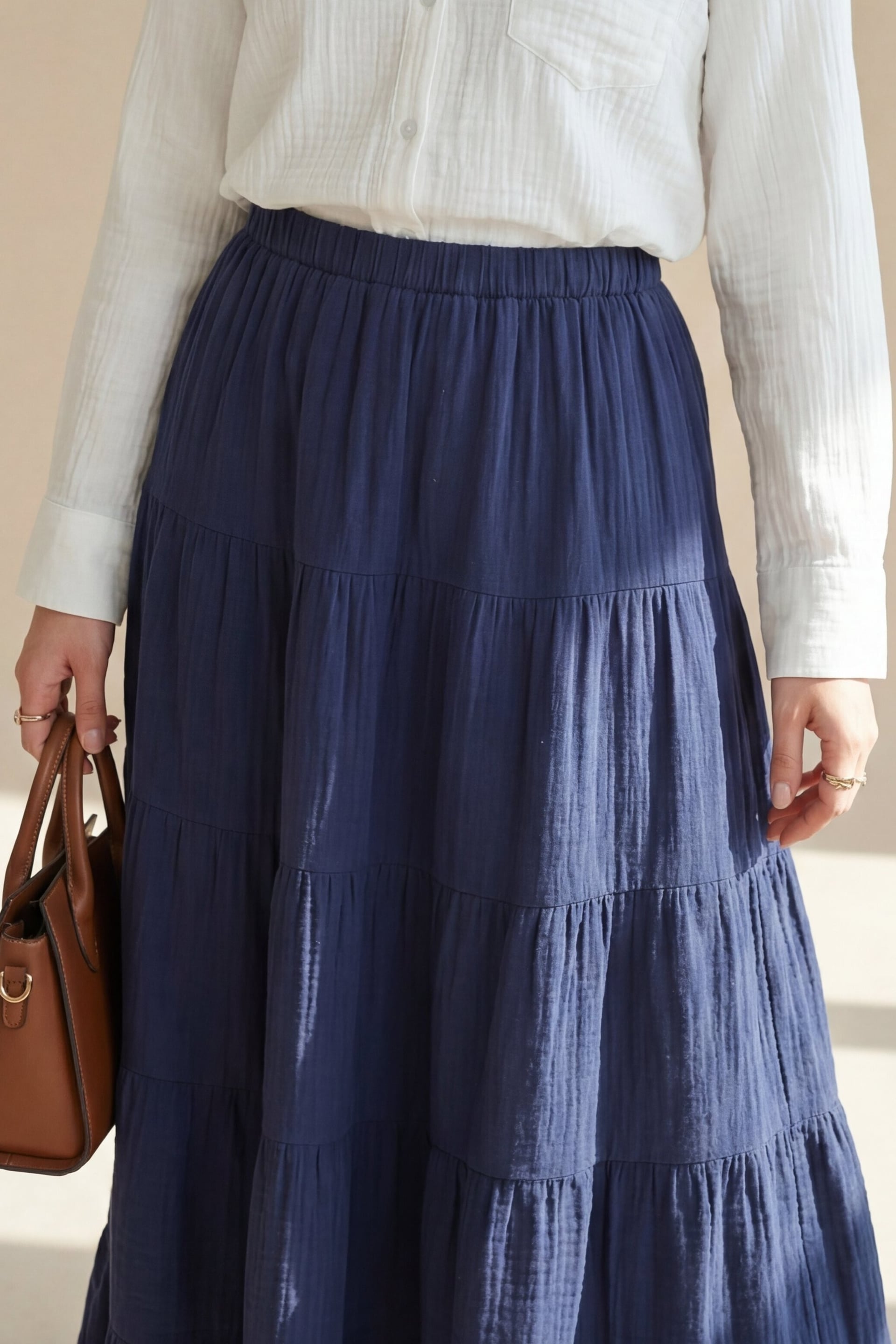 Elasticated Waist Tiered Muslin Maxi Skirt - Navy Blue - Podyumplus - by Peralane - photo 5