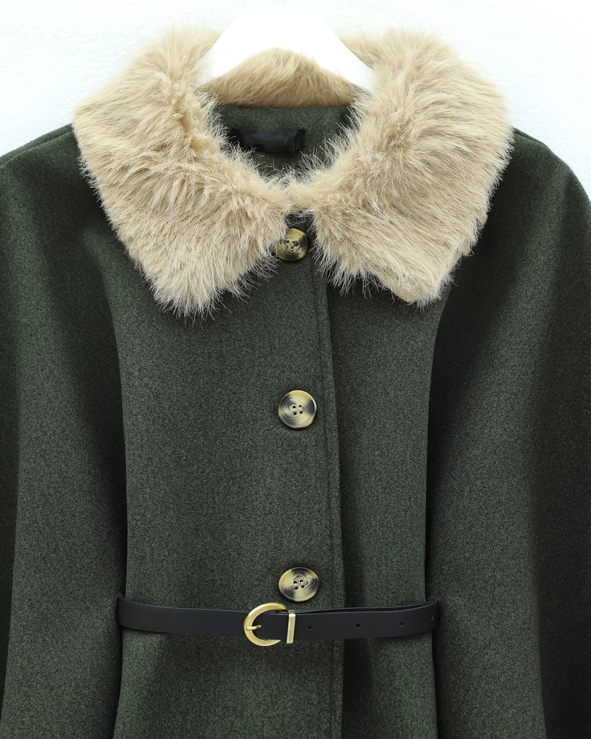Collar Faux Fur Belted Buttoned Wool Cape - Khaki - Podyumplus - by Peralane - photo 2