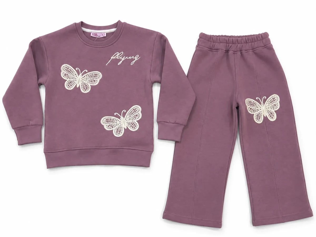 Girls' Butterfly Embroidered Sweatshirt and Trousers Set - Dusty Rose - CMK - by Peralane