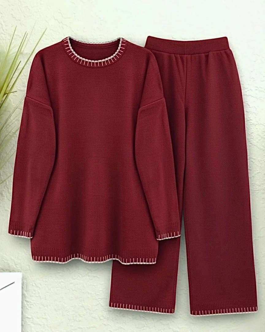 Round Neck Embroidered Knit Lounge Set - Burgundy - Podyumplus - by Peralane - photo 3