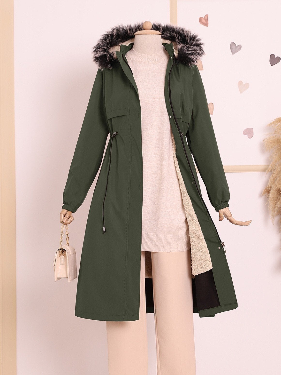 Hooded Faux Fur Trim Jacket with Drawstring Waist - Khaki - Podyumplus - by Peralane - photo 6