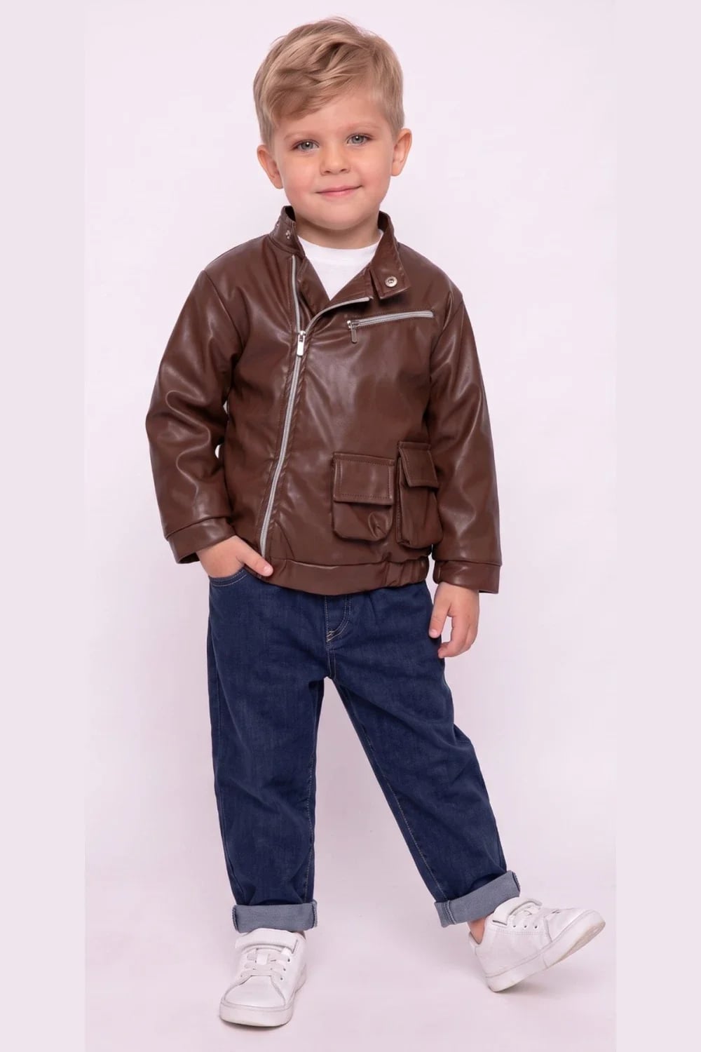 Boys' 3-Piece Set with Faux Leather Jacket - Brown - Has Bereket - by Peralane