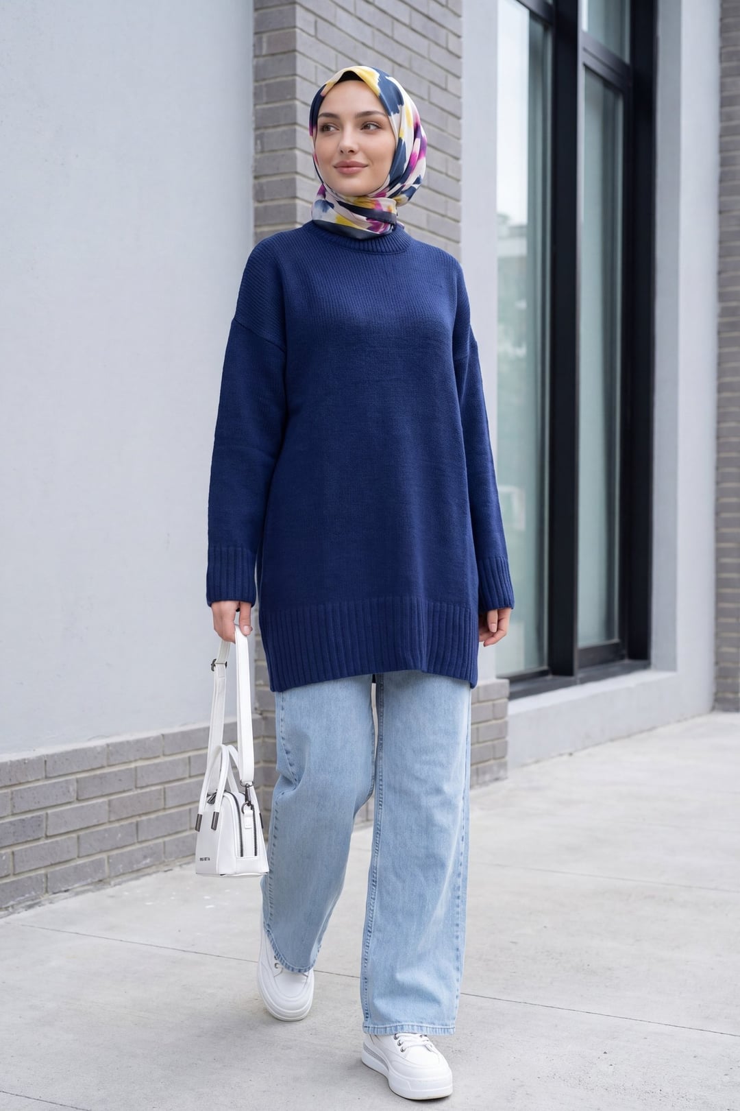 Ribbed Hem and Sleeve Relaxed Knit Tunic - Navy - Podyumplus - by Peralane - photo 3