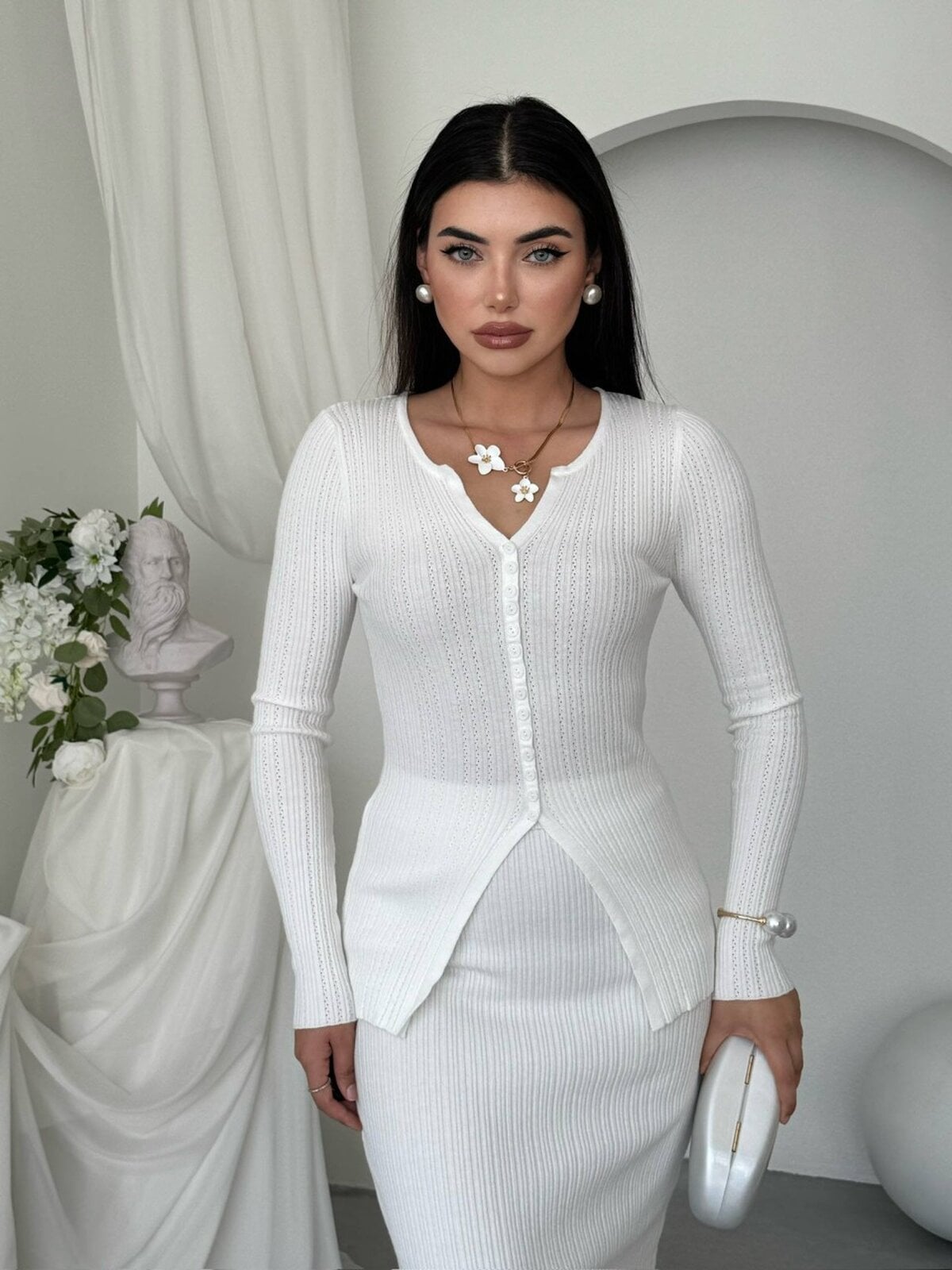Women's White Ribbed Knit Two-Piece Set with Top and Midi Skirt - Etika - by Peralane