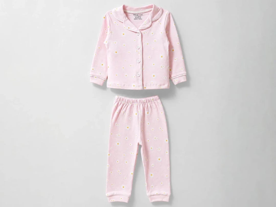 Girls' Daisy Print Buttoned Pyjama Set - Powder Pink - Dolas - by Peralane