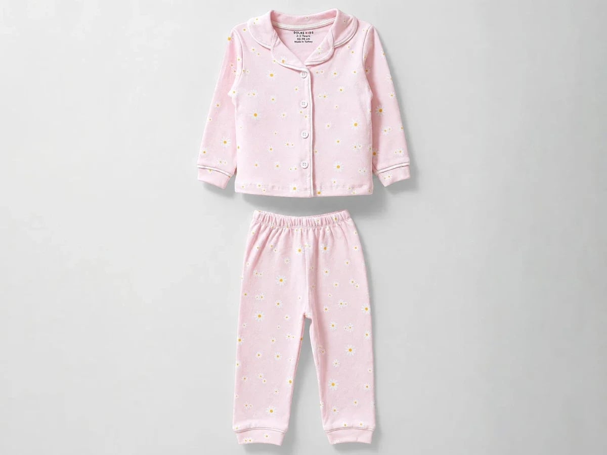 Girls' Daisy Print Buttoned Pyjama Set - Powder Pink - Dolas - by Peralane