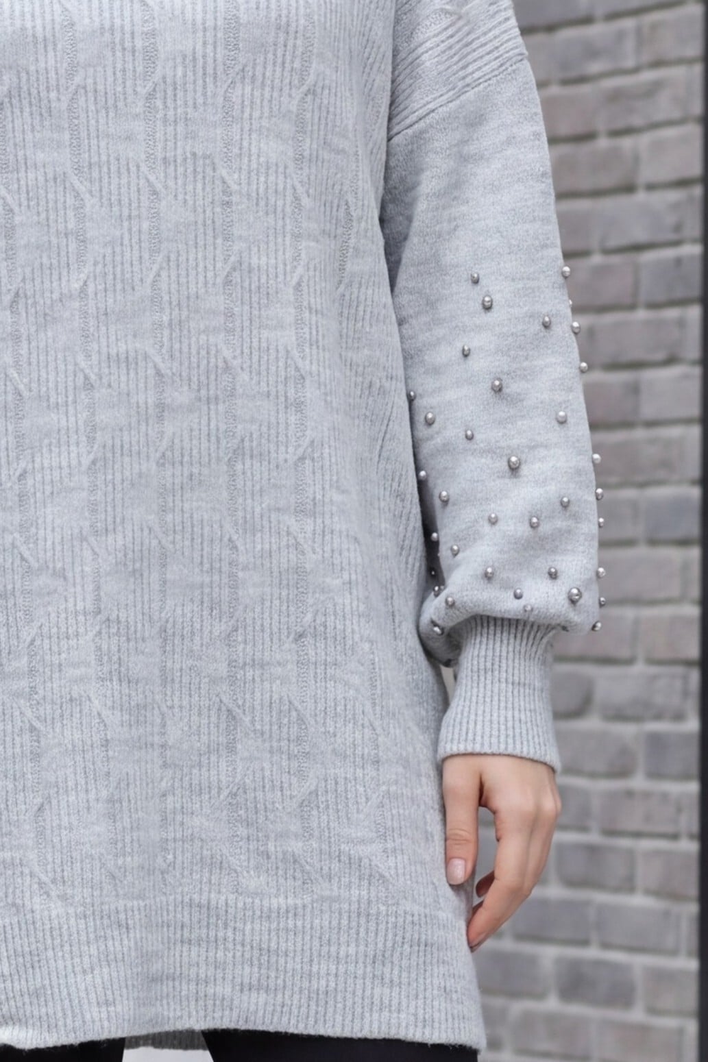 Pearl Sleeve Patterned Relaxed Knit Tunic - Light Grey - Podyumplus - by Peralane - photo 9