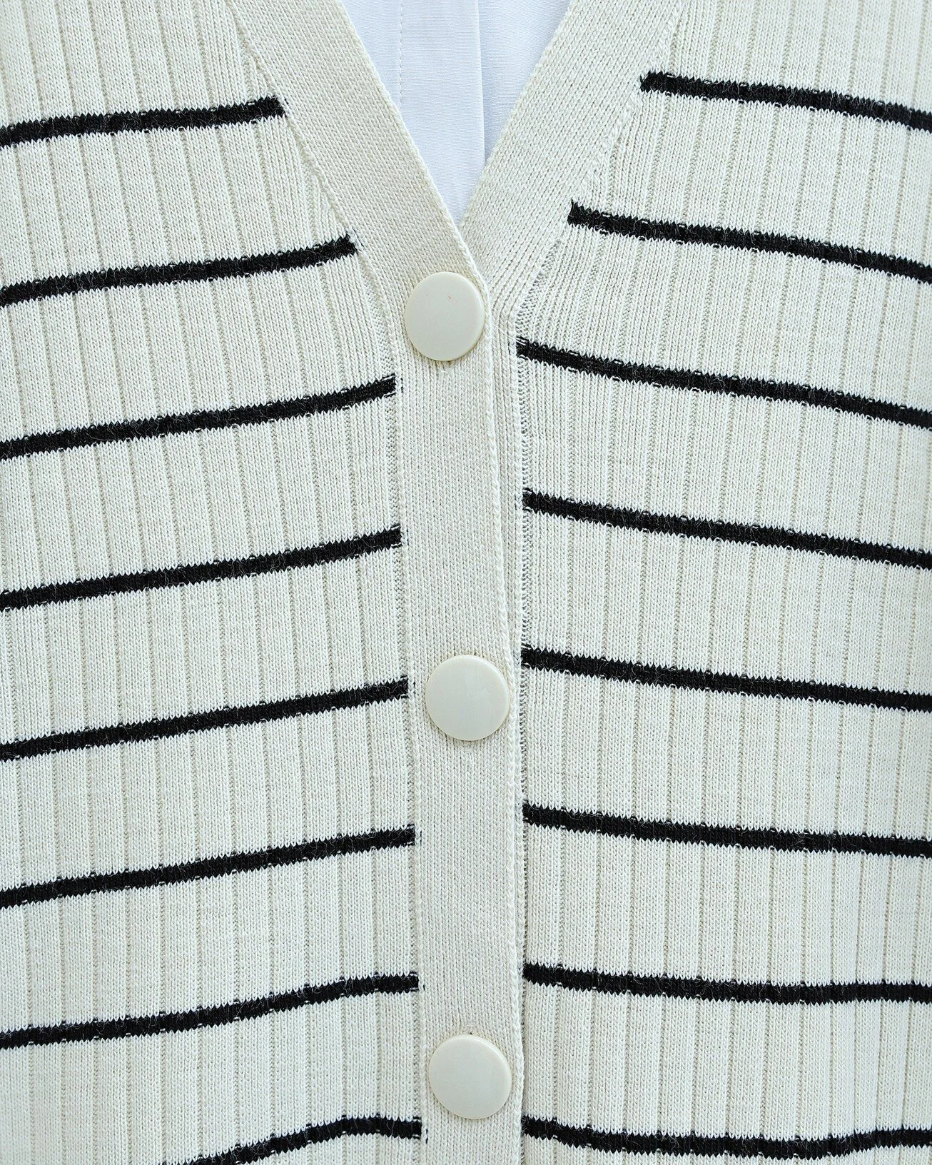 Ribbed Button-Up Long Cardigan with Black Stripes - Cream - Podyumplus - by Peralane - photo 6