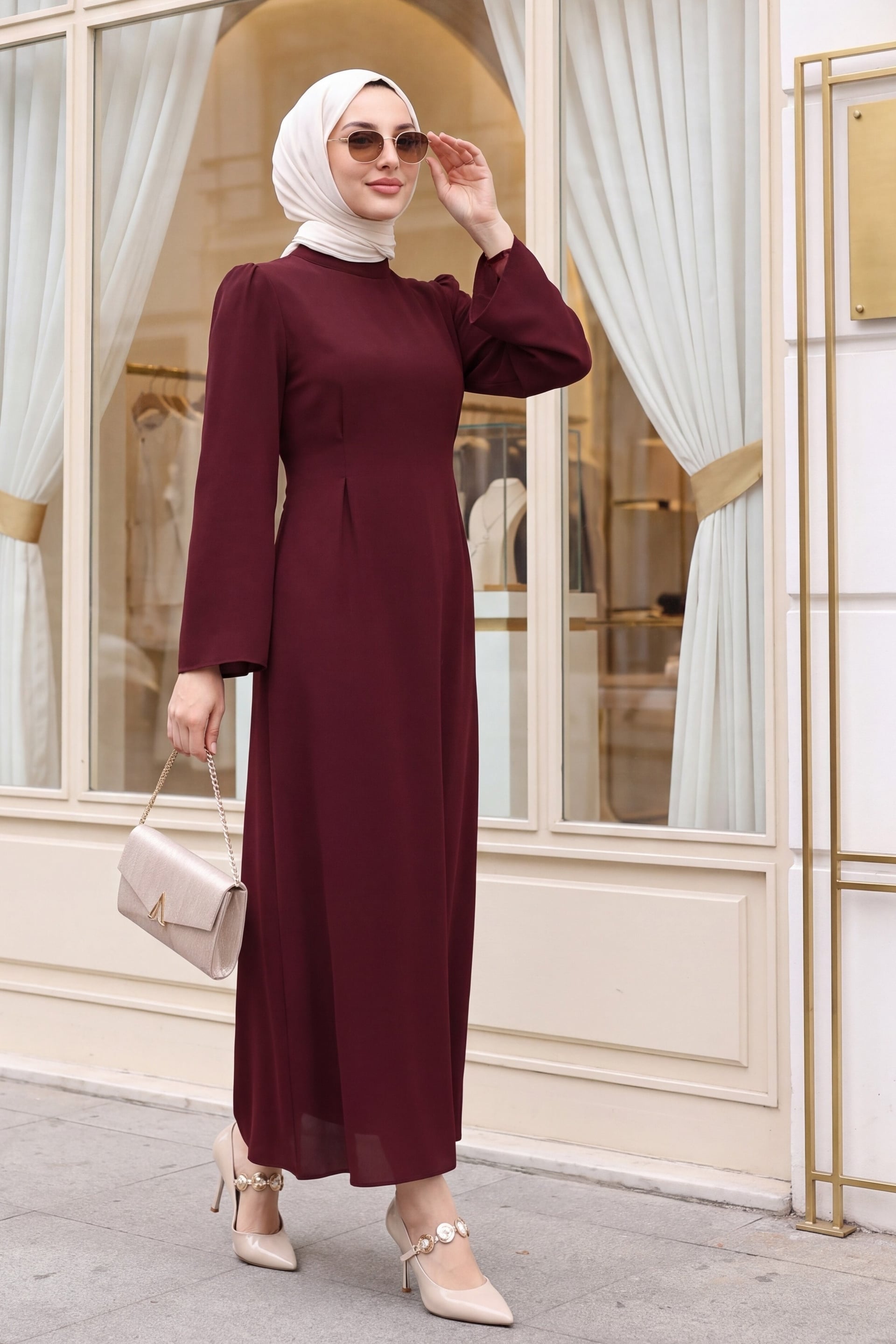 Burgundy Long-Sleeve Wrap Dress with High Neck and Wide Cuffs - Podyumplus - by Peralane