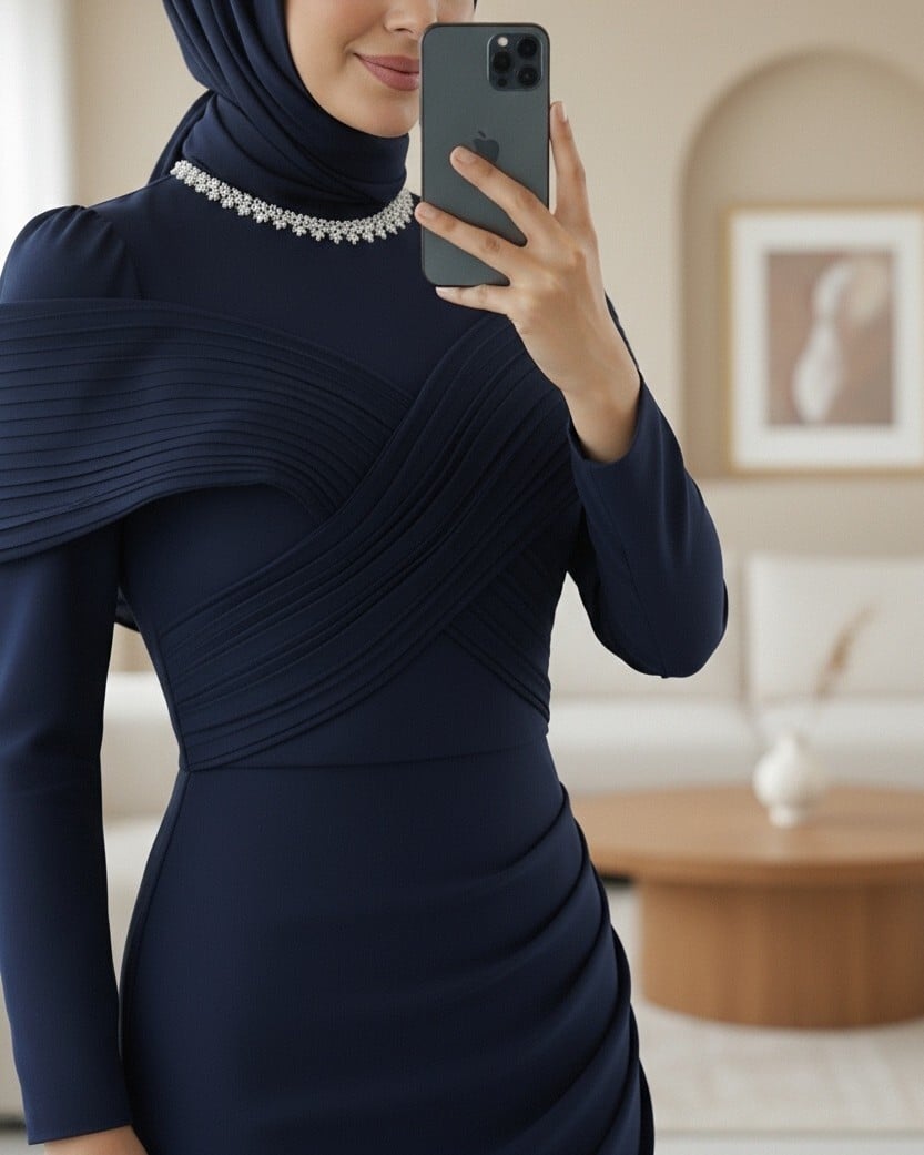 Beaded Neckline Pleated Evening Dress - Navy Blue - Podyumplus - by Peralane - photo 2