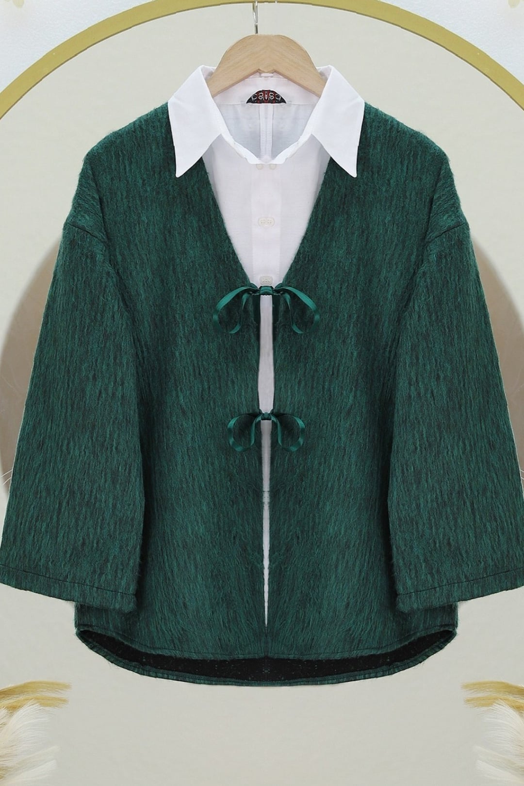 Dark Green Wrap Cardigan with White Shirt - Podyumplus - by Peralane