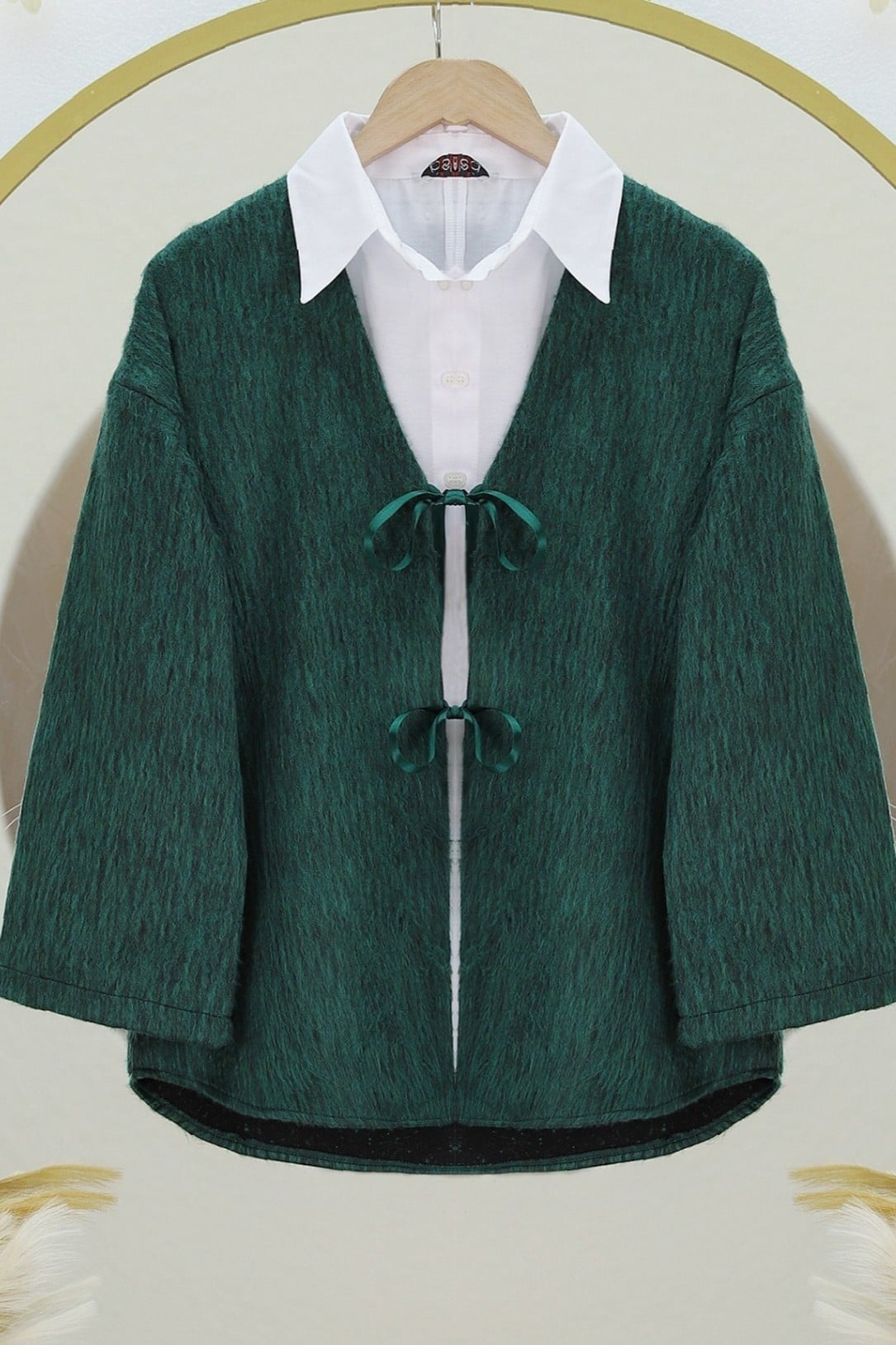 Dark Green Wrap Cardigan with White Shirt - Podyumplus - by Peralane