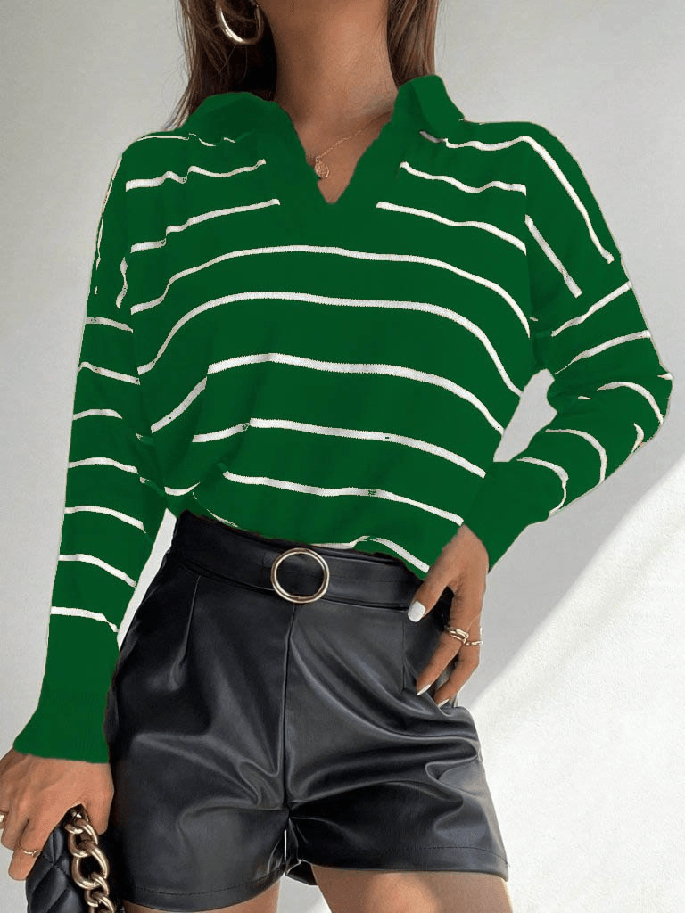 Women's Long Sleeve V-Neck Striped Knit Blouse - Janes - by Peralane