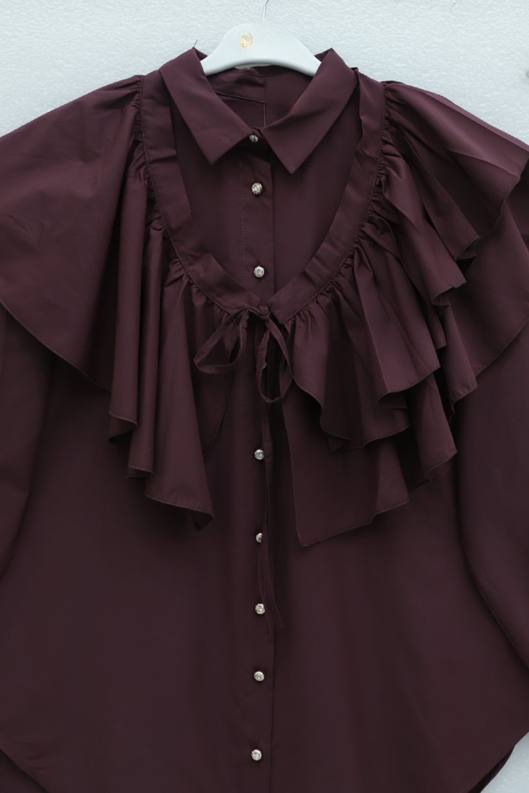 Cape Detail Buttoned Oval Cut Poplin Tunic - Burgundy - Podyumplus - by Peralane - photo 7