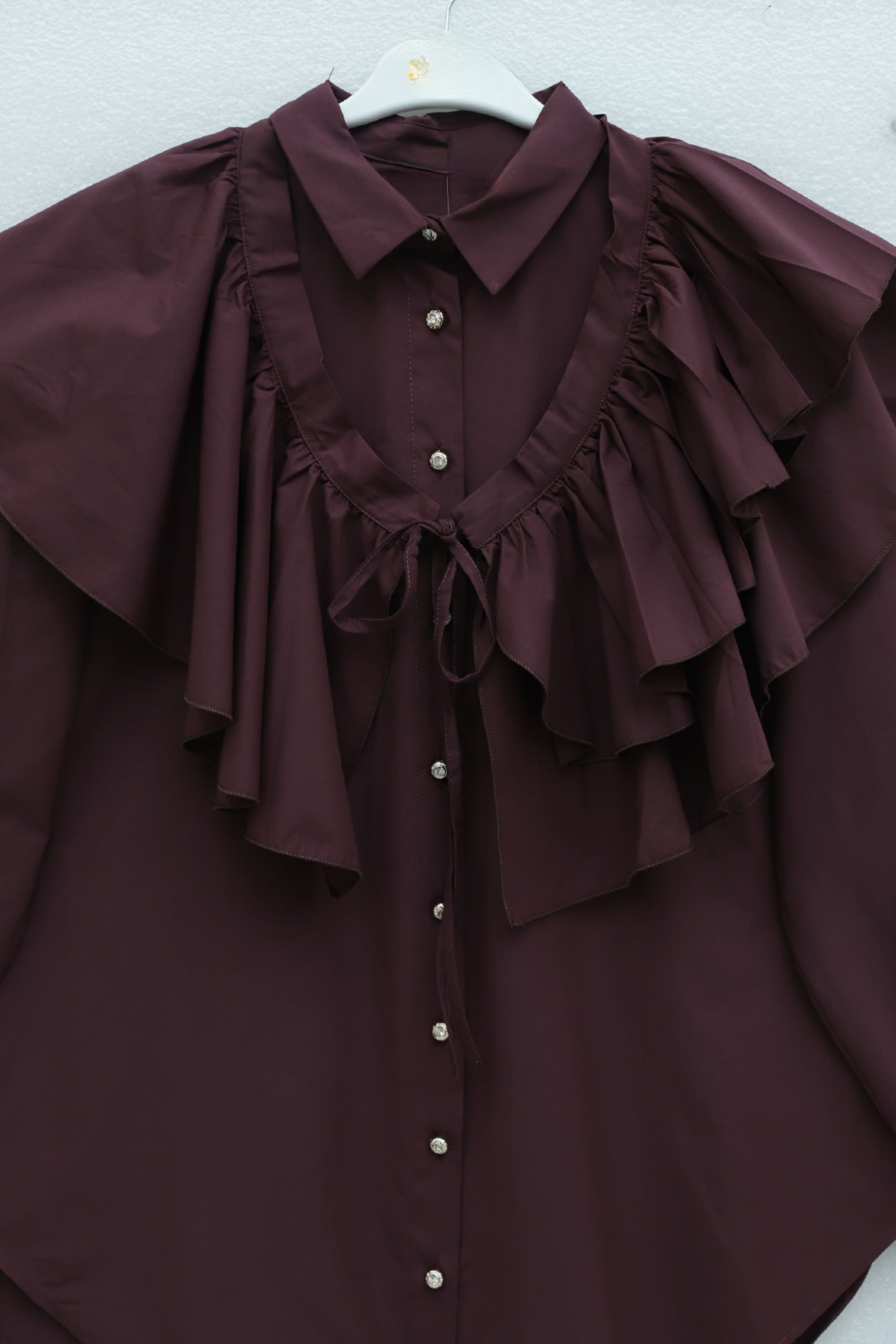 Cape Detail Buttoned Oval Cut Poplin Tunic - Burgundy - Podyumplus - by Peralane - photo 7