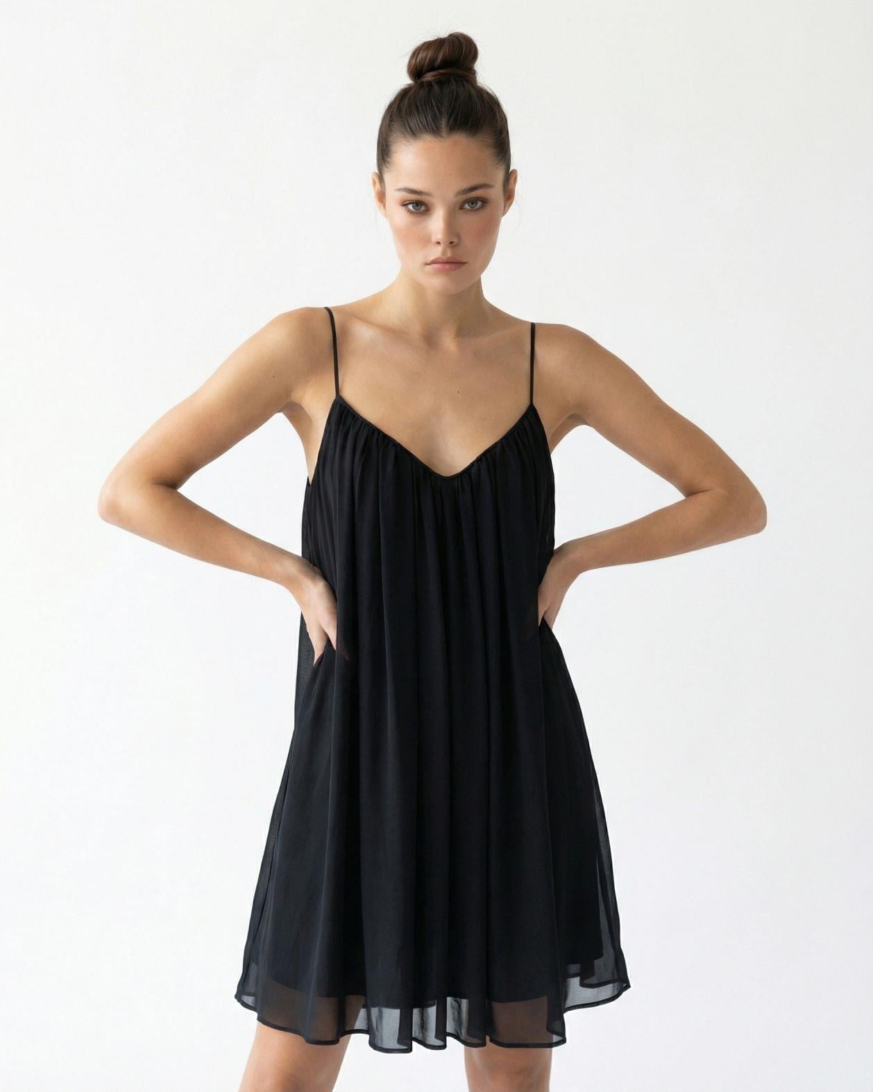 Black Flowing Evening Dress with Spaghetti Straps - Fame - by Peralane - photo 5