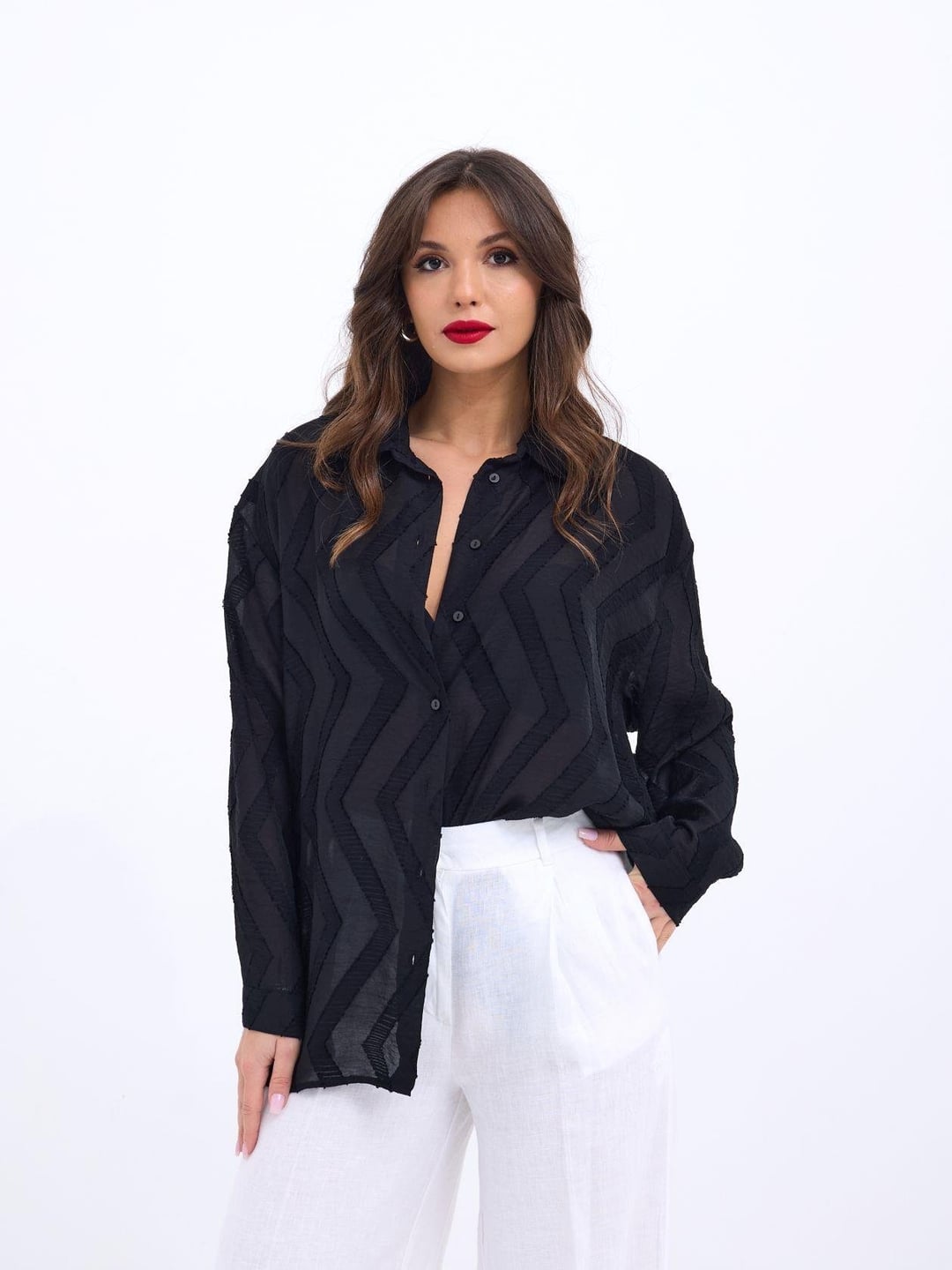 Black Long-Sleeved Chevron Blouse - Fame - by Peralane