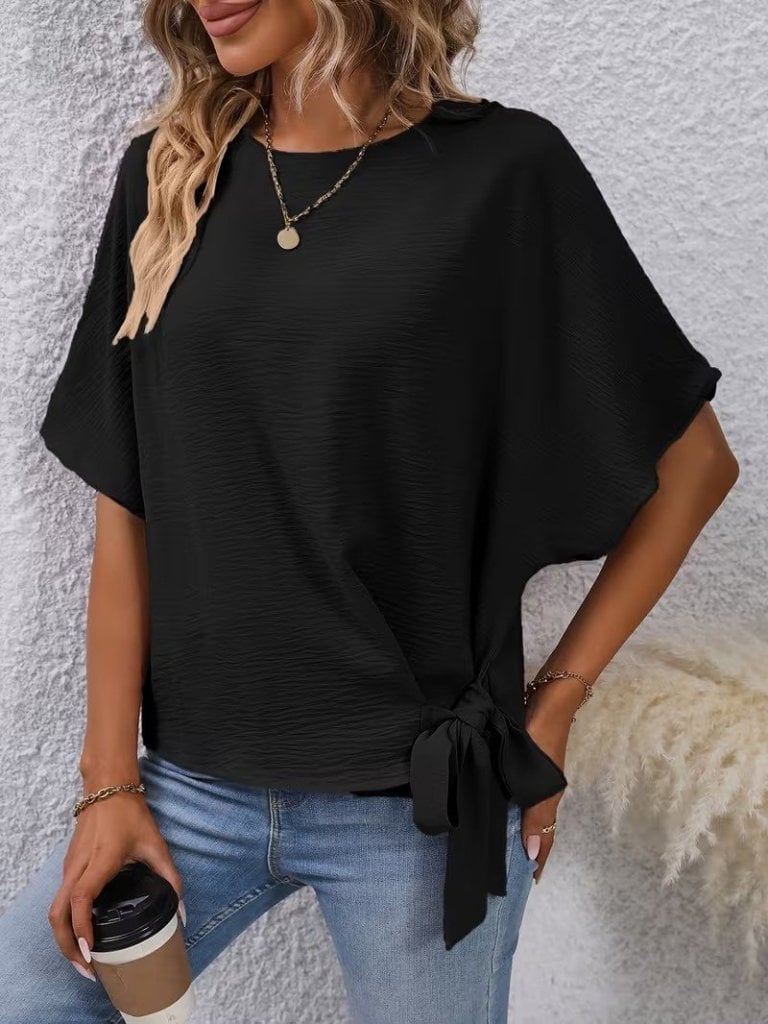 Women's Short-Sleeved Round Neck Side-Tie Textured Blouse - Janes - by Peralane - photo 5
