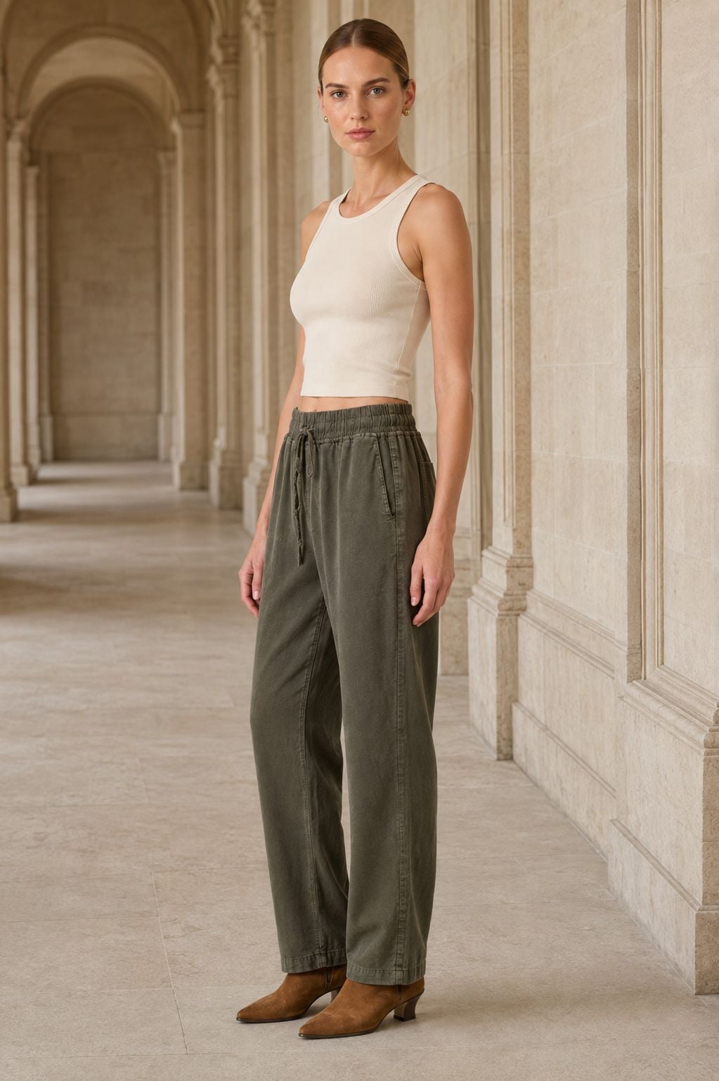 Dallas Linen Mom Trousers in Khaki - S-XL Size Set - Xlove - by Peralane
