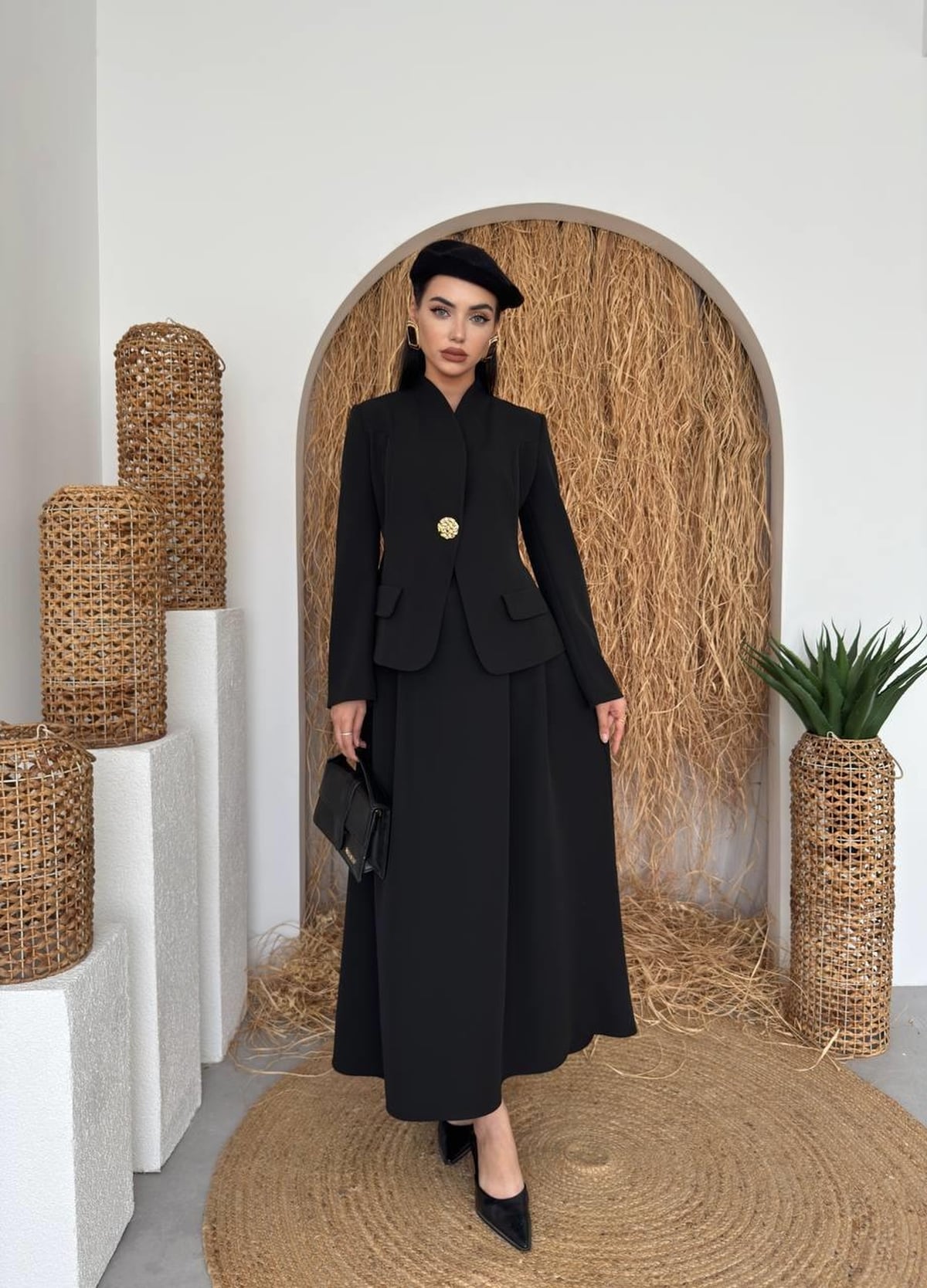 Black Satin Blazer with Flap Pockets and Gold Button - Etika - by Peralane - photo 8