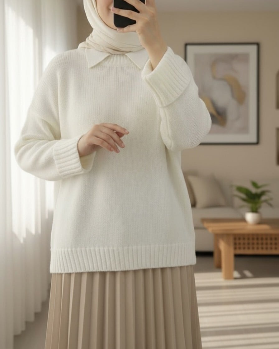 Crew Neck Ribbed Hem Oversized Knit Sweater - White - Podyumplus - by Peralane - photo 3
