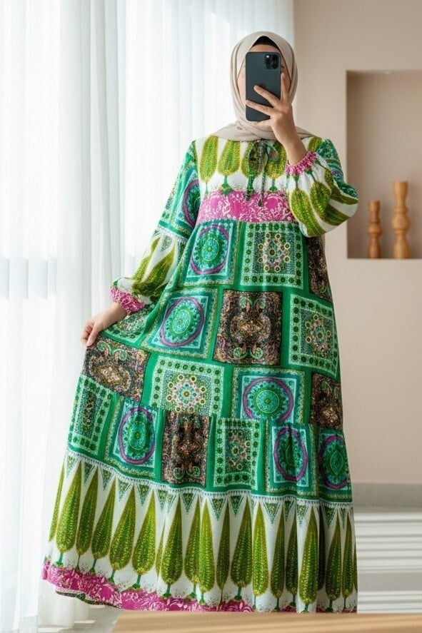 Ethnic Print Tie-Neck Tiered Maxi Dress - Green - Podyumplus - by Peralane - photo 2