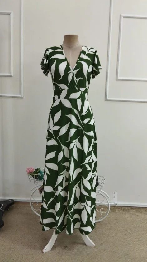 Women's Short Sleeve Wrap V-Neck Leaf Print Long Suprem Dress - Janes - by Peralane - photo 4