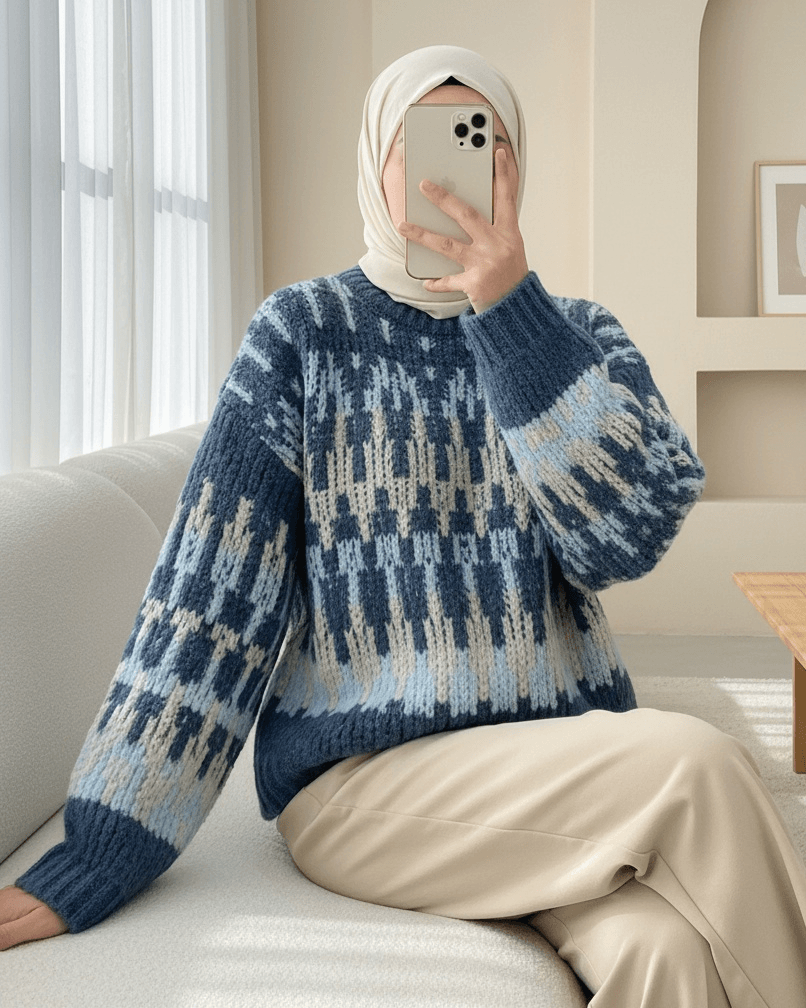 Mixed Pattern Round Neck Knitted Sweater - Indigo - Podyumplus - by Peralane - photo 2