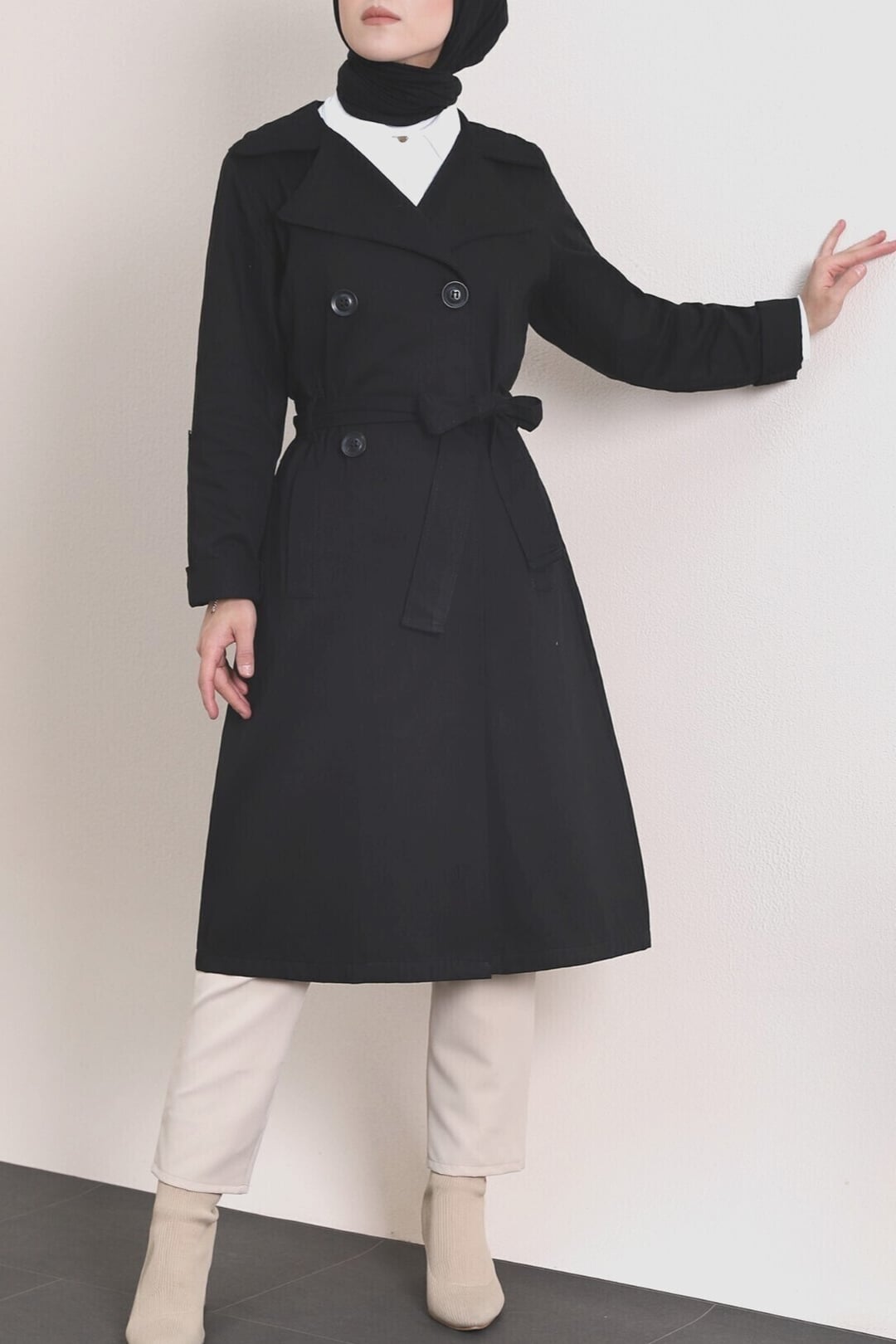 Black Double-Breasted Trench Coat with Tie Belt - Podyumplus - by Peralane - photo 4