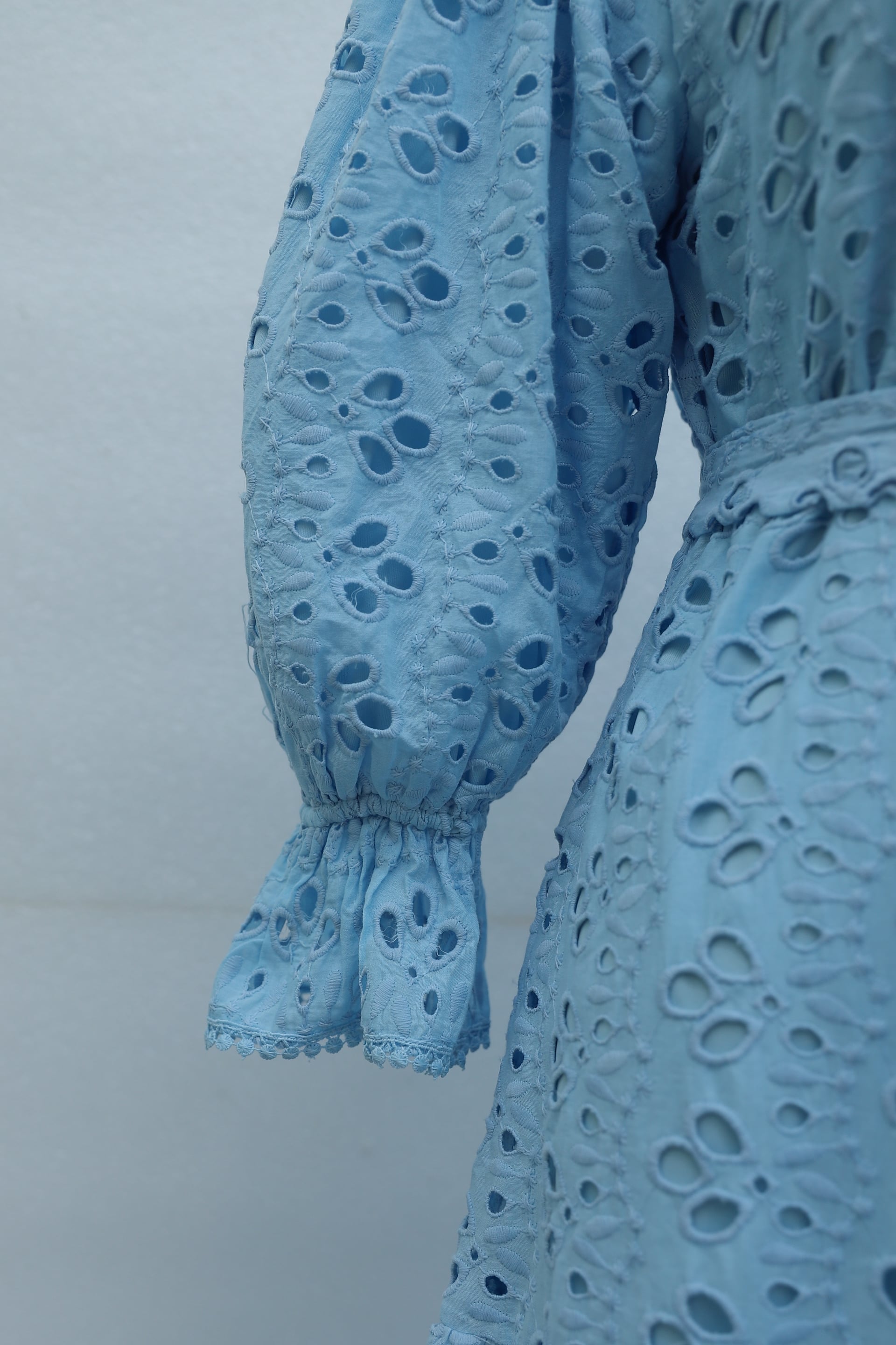 Light Blue Long-Sleeved Floral Eyelet Linen Dress with Tie Belt - Podyumplus - by Peralane - photo 6