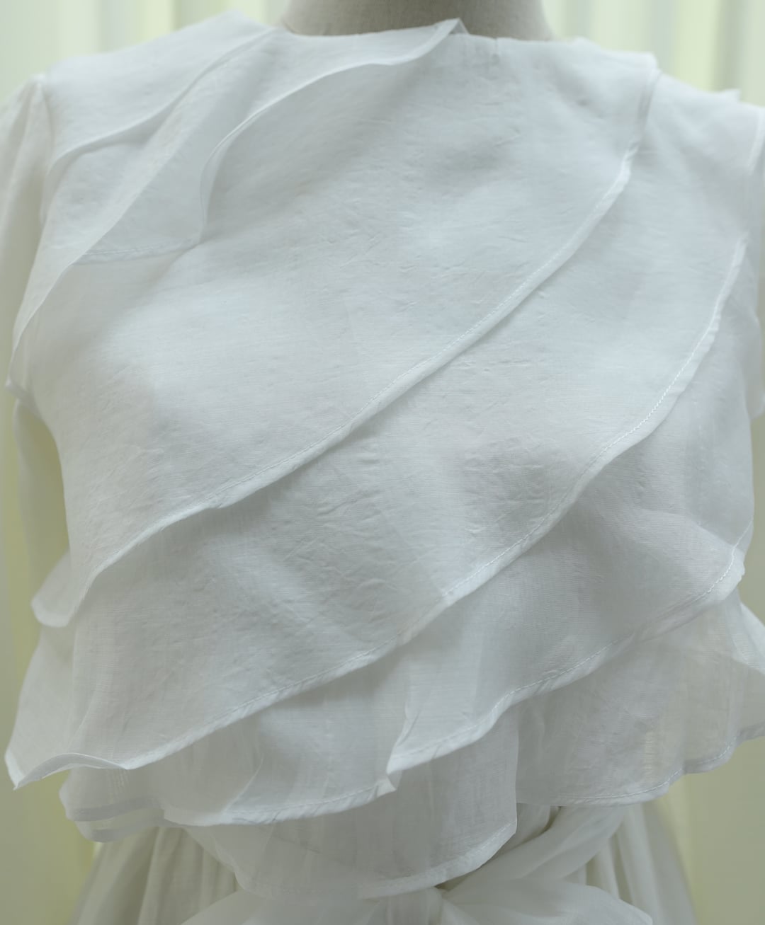 Belted Ruffle-Front Balloon Sleeve Lined Chiffon Dress - Ecru - Podyumplus - by Peralane - photo 11