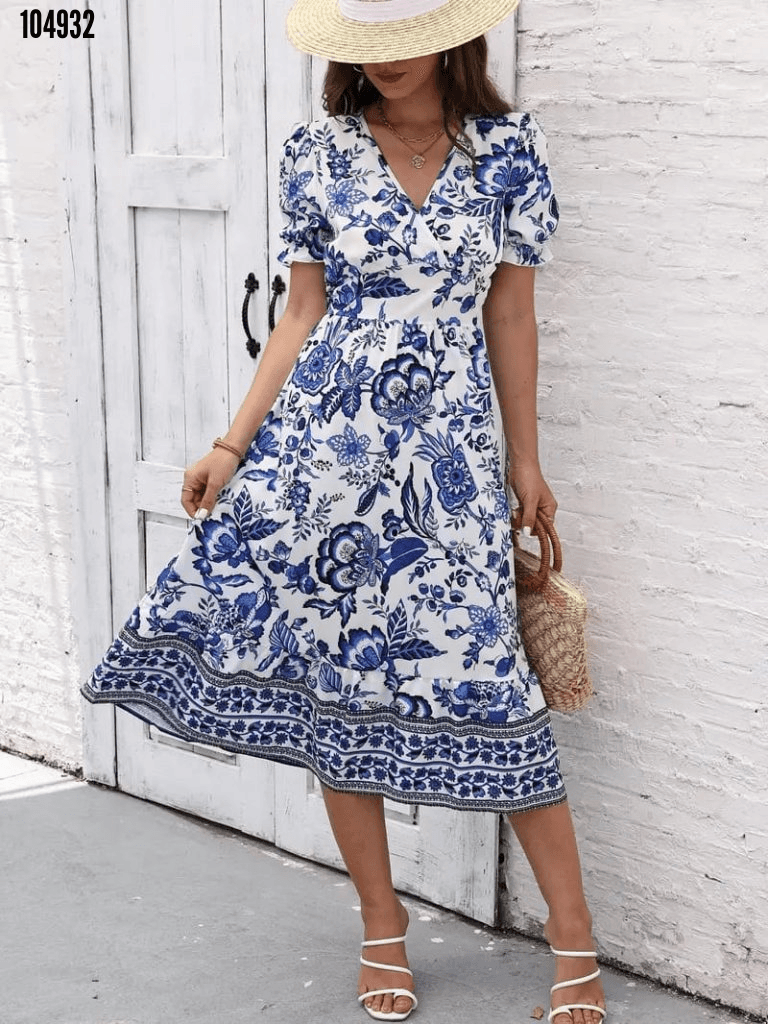 Women's Short Sleeve V-Neck Floral Print Satin Midi Dress - Janes - by Peralane