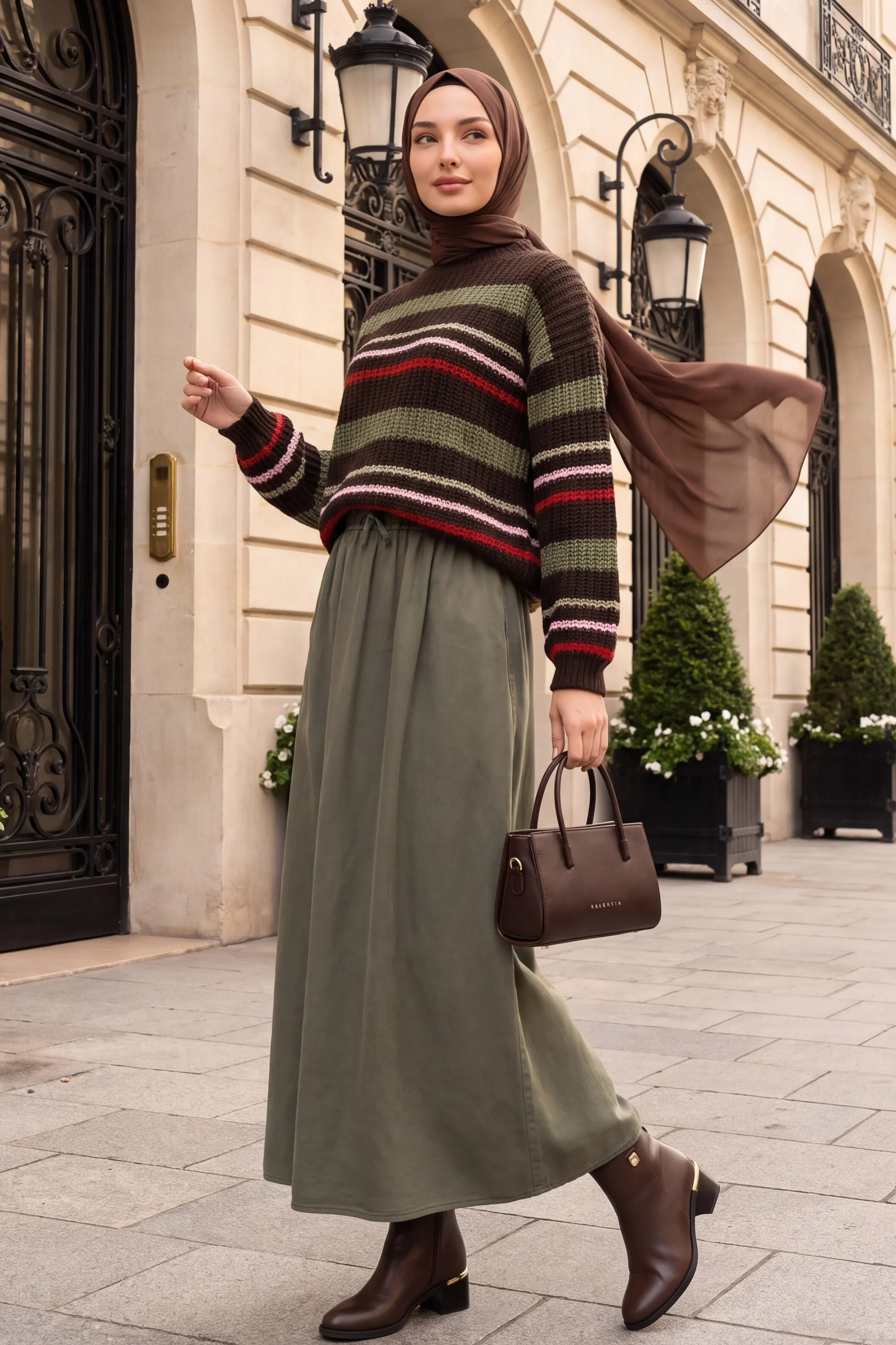 Striped Thick Knit Crew Neck Sweater - Dark Brown - Podyumplus - by Peralane - photo 4