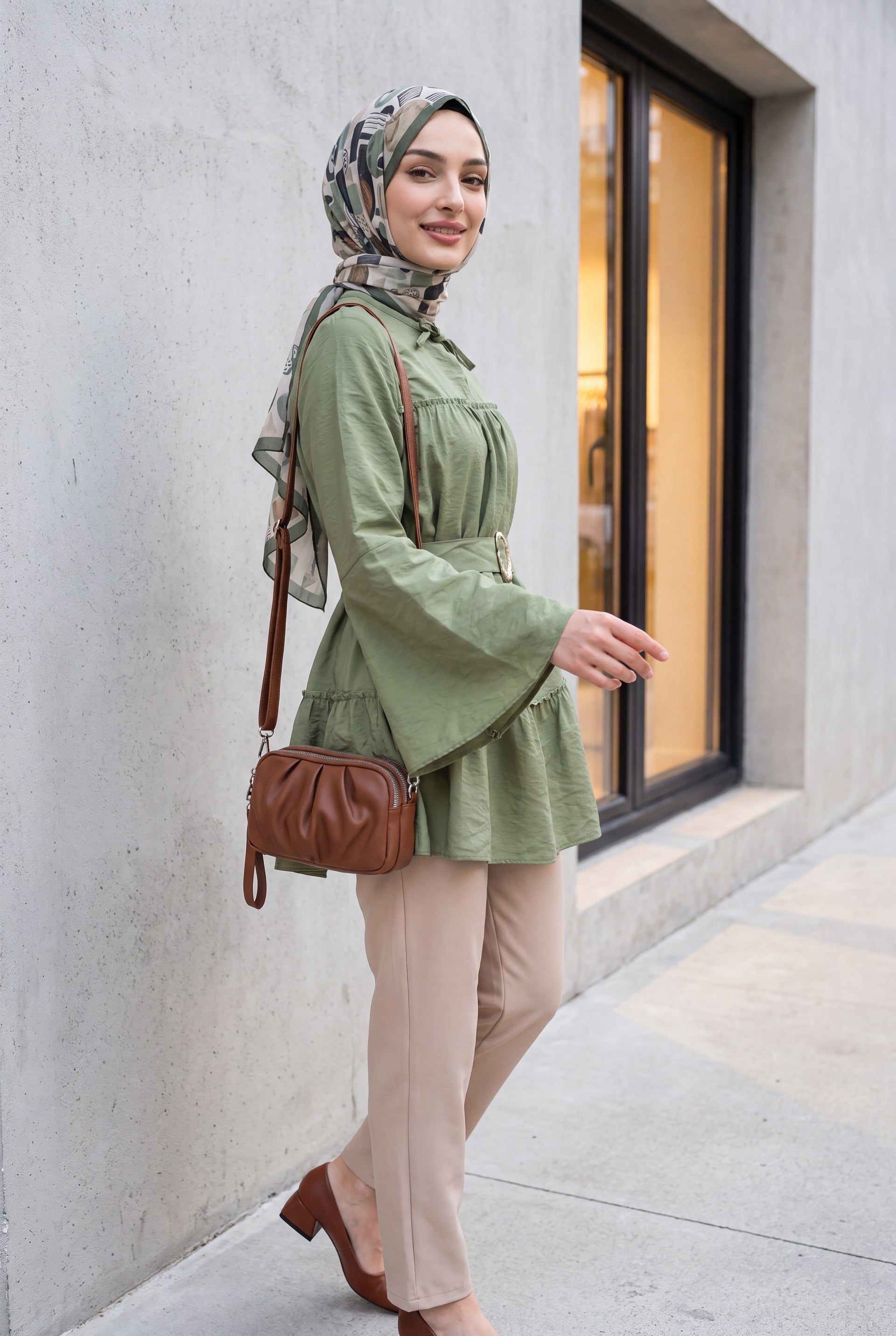 Belted Tie-Neck Tiered Poliviscose Tunic - Olive - Podyumplus - by Peralane - photo 4