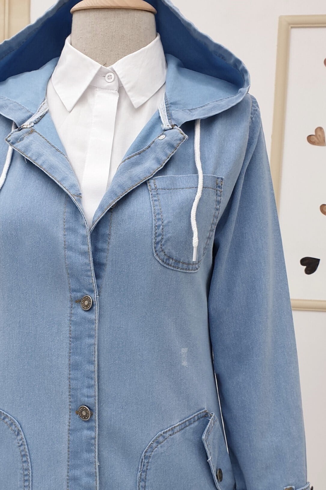 Long Denim Jacket with Hood - Blue - Podyumplus - by Peralane - photo 4