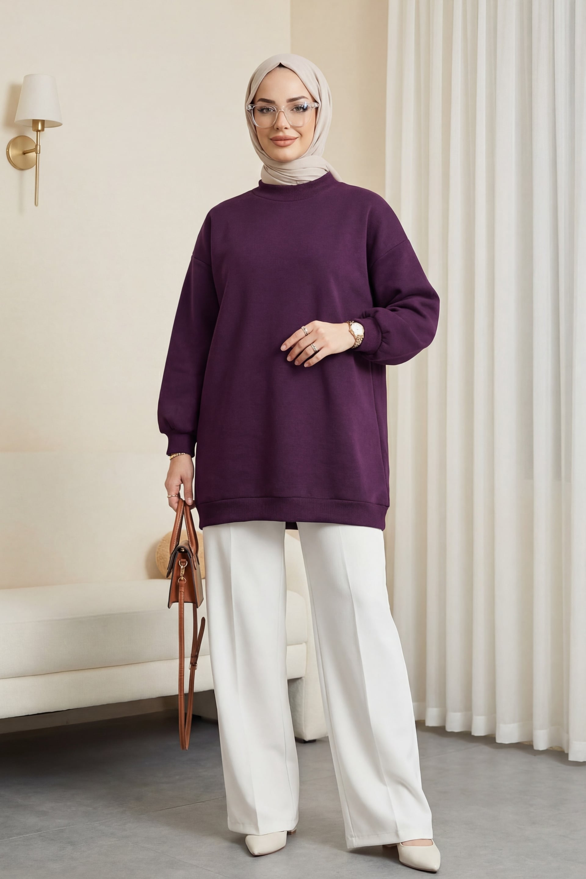 Women's Three-Thread Fleece Sweatshirt with Mock Neck - Deep Purple - Podyumplus - by Peralane - photo 2