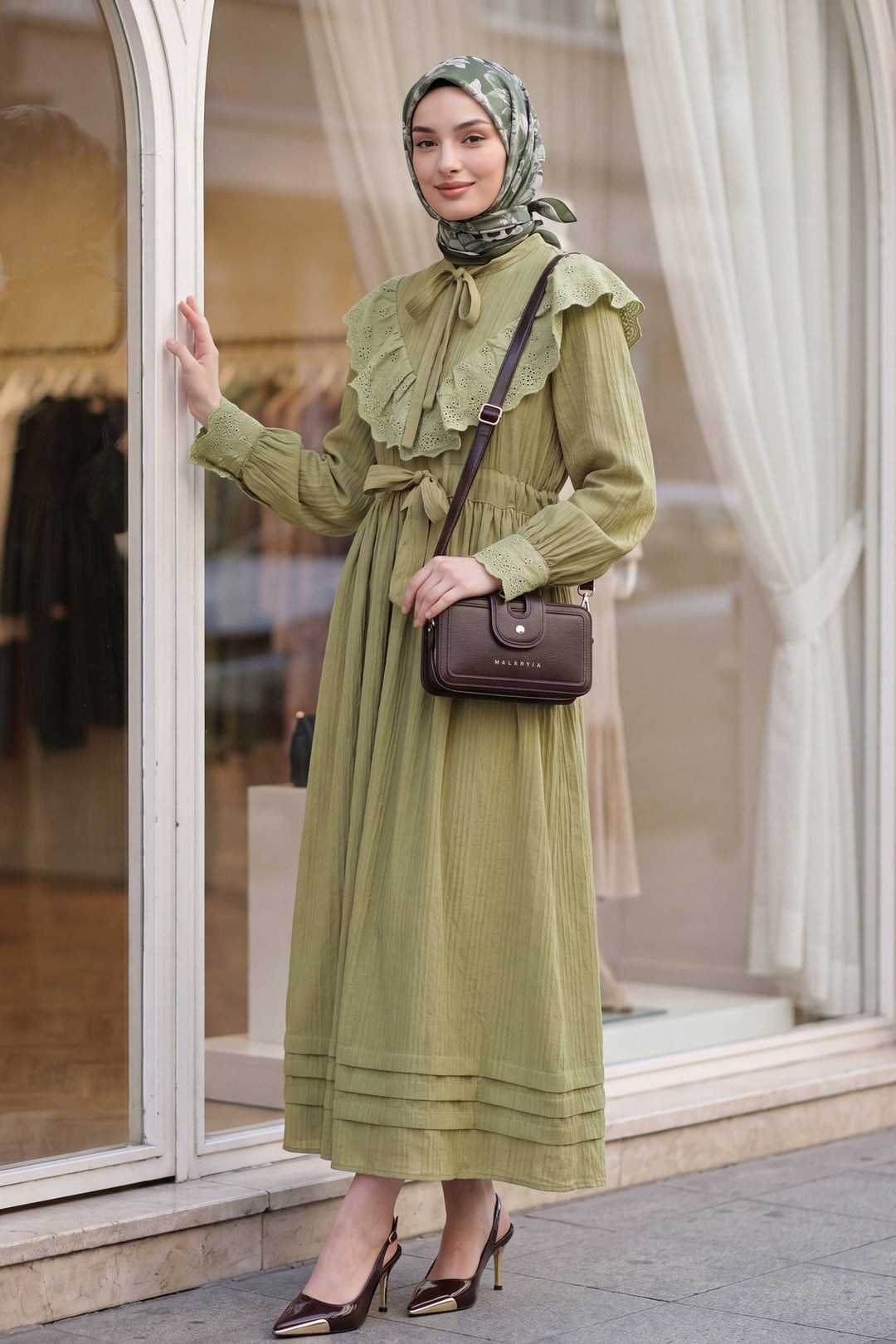 Tie-Neck Flounced Lined Crinkle Dress - Olive Green - Podyumplus - by Peralane - photo 2
