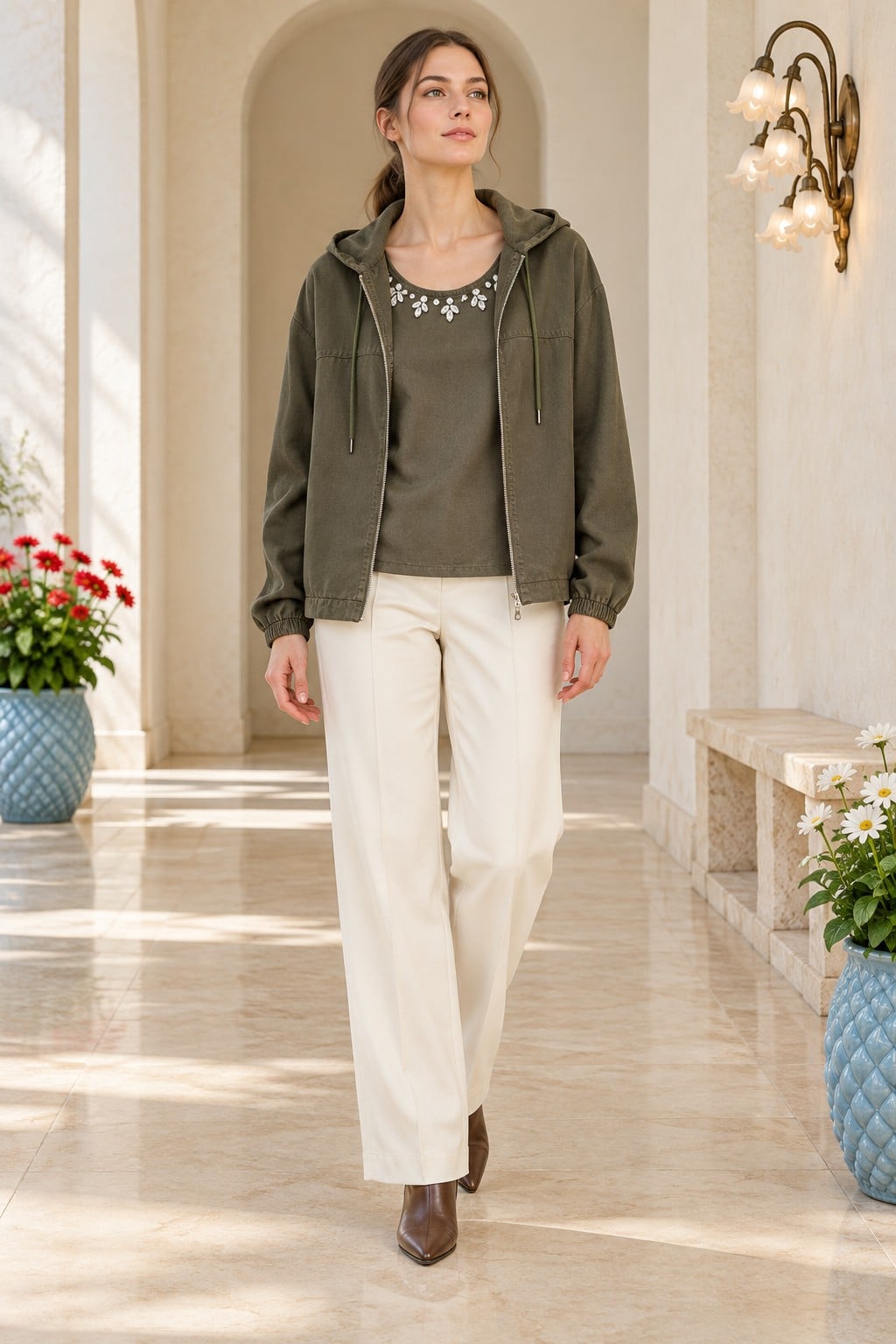 Women's Hooded Woven Jacket with Stone and Pearl Embellishment - Pine Green - Xlove - by Peralane - photo 3