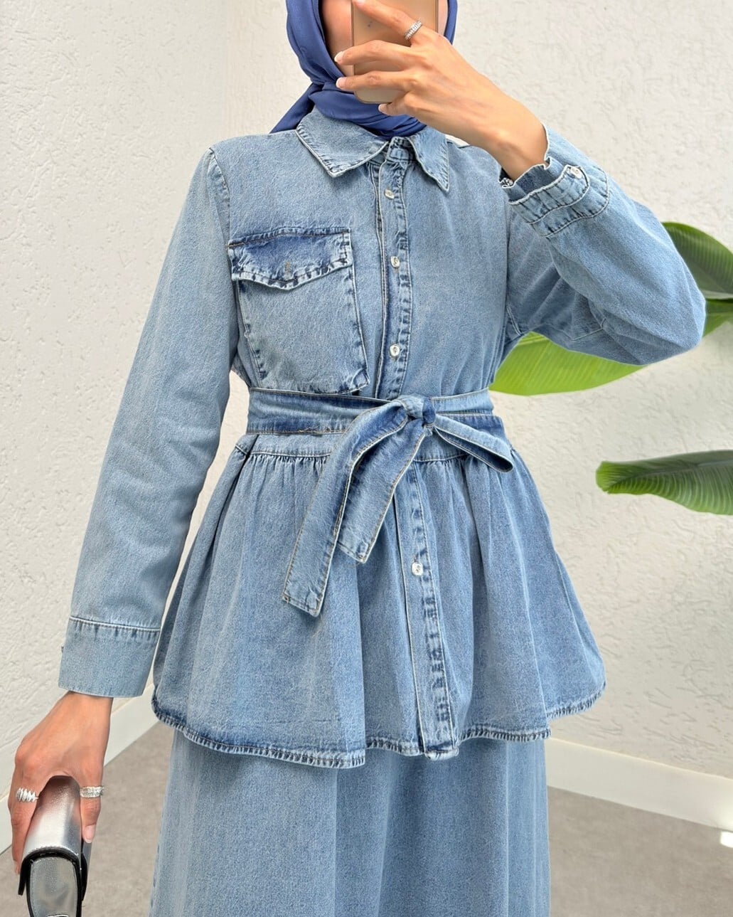 Two-Piece Belted Denim Modest Set with Peplum Top and Maxi Skirt - Ice Blue - Podyumplus - by Peralane - photo 2