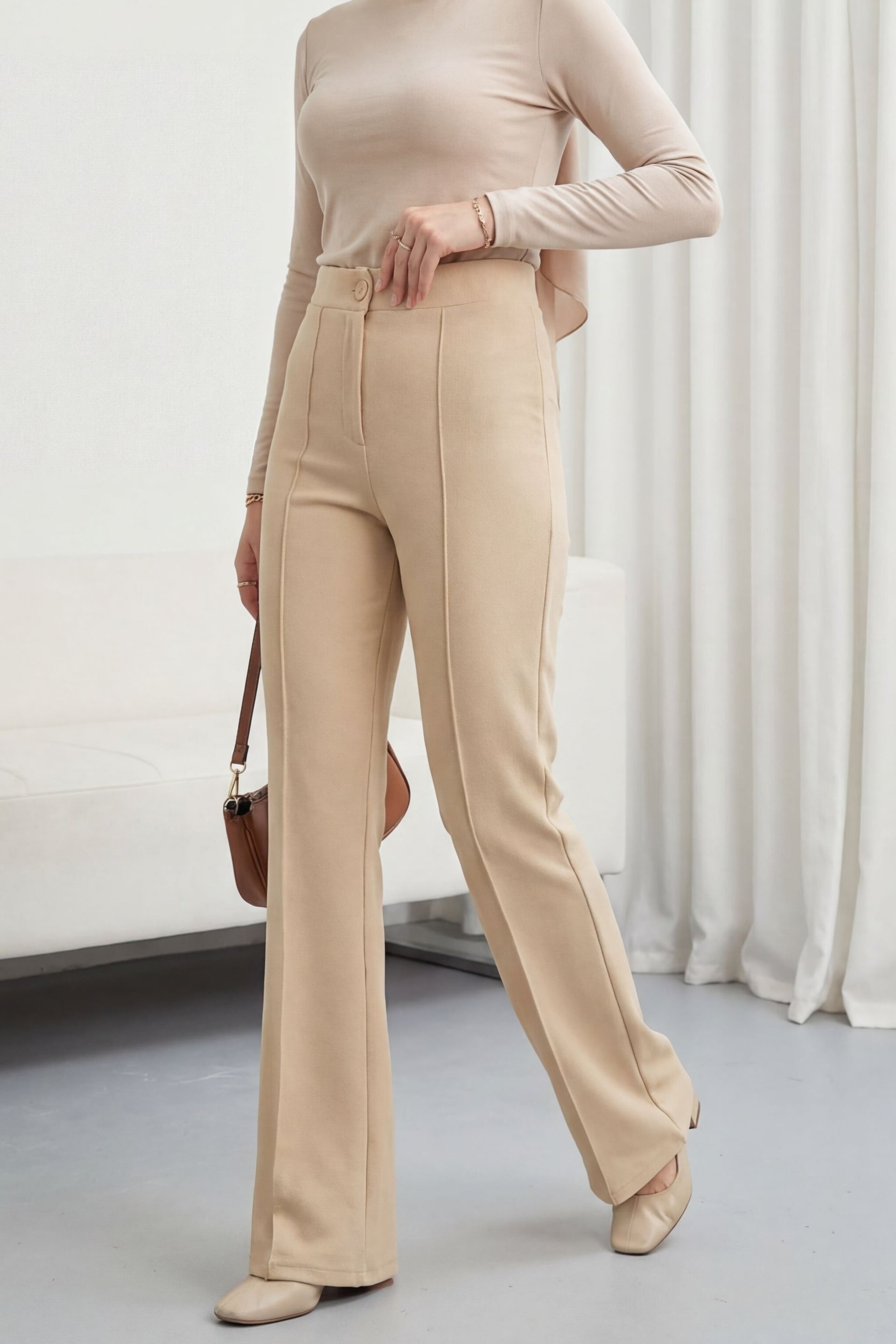 Buttoned Elastic Waist Lycra Palazzo Trousers - Beige - Podyumplus - by Peralane - photo 2