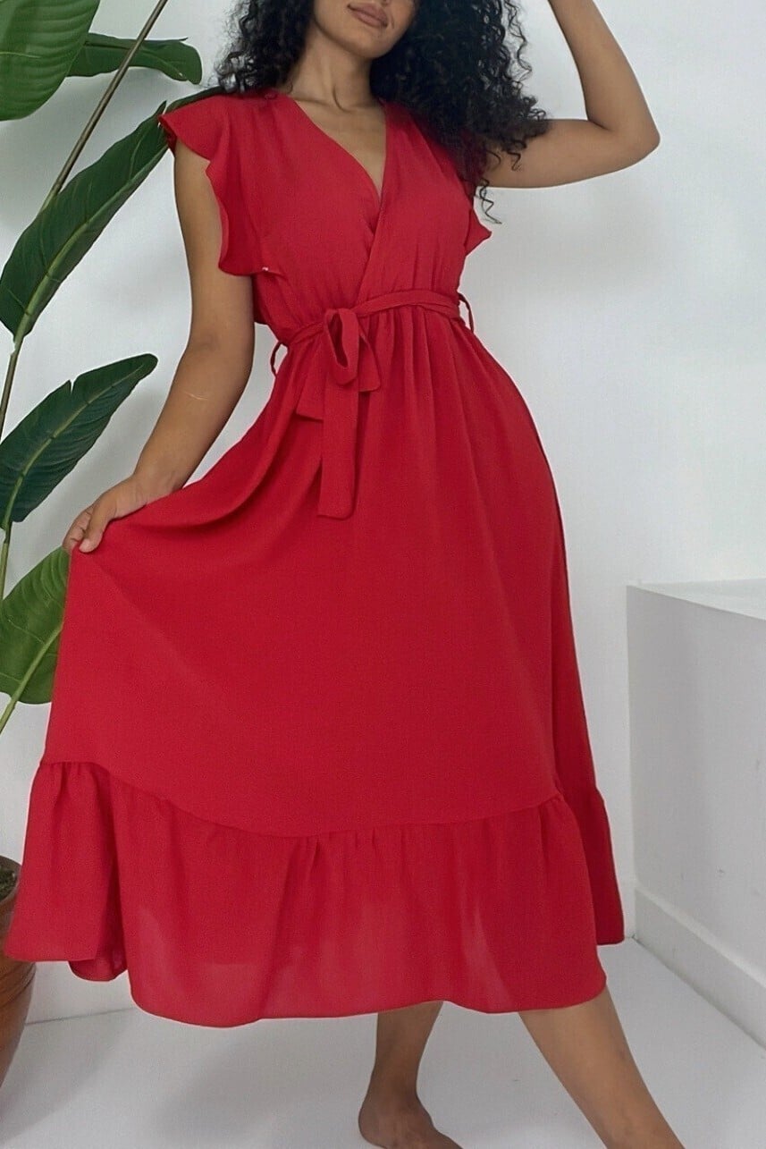 Red Wrap Dress with Flutter Sleeves and Belt - Women's - Podyumplus - by Peralane